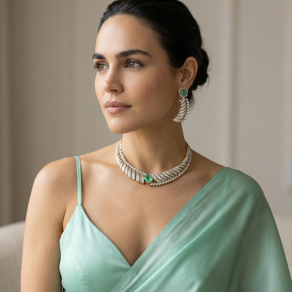 Aarohi Mint Baguette Leaf Necklace Set