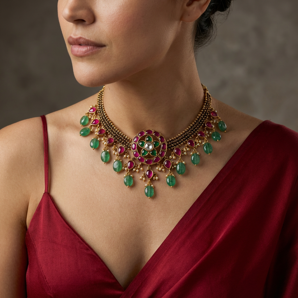 Mihika Golden Necklace with Ruby Centre