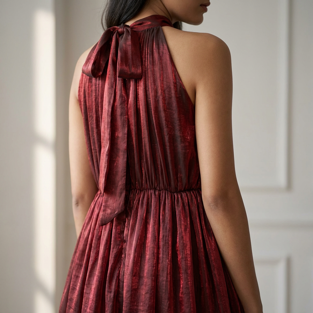 Crimson mini dress – detail of fabric and silhouette by Ozel