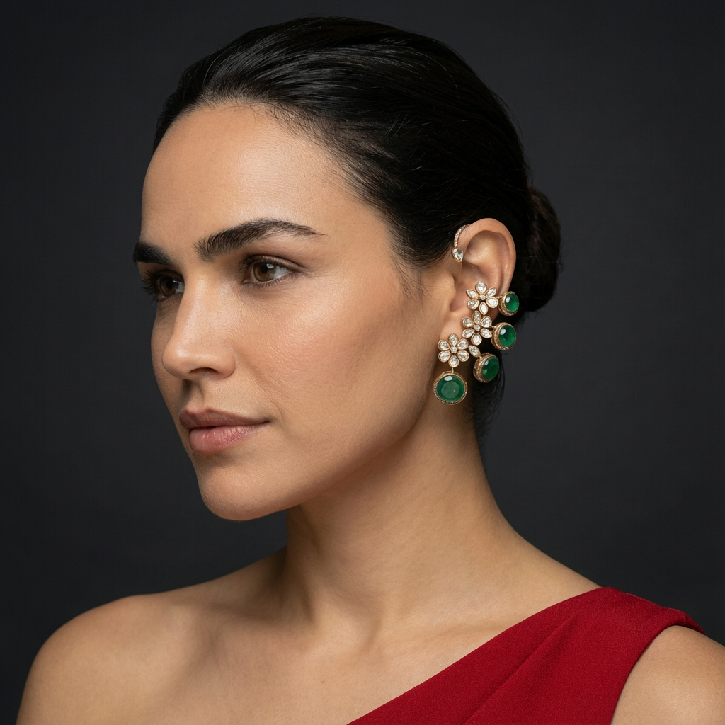 Emerald Floral Ear Cuff Earrings