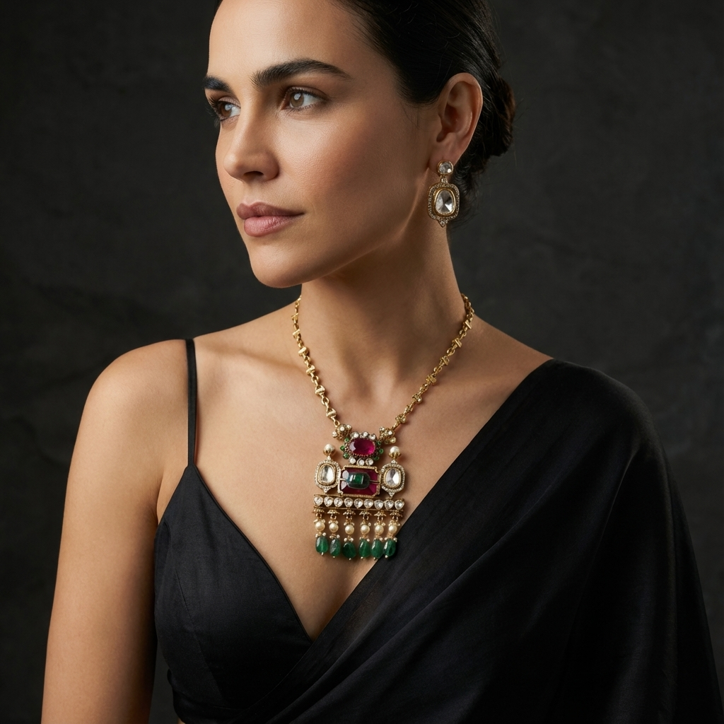 Emerald Ruby Polki Pendant Necklace Set