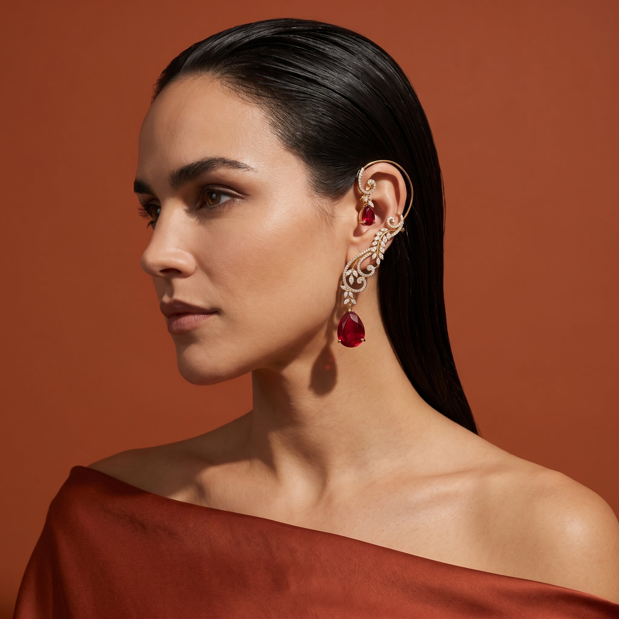 Ruby Wave Ear Cuff Earrings