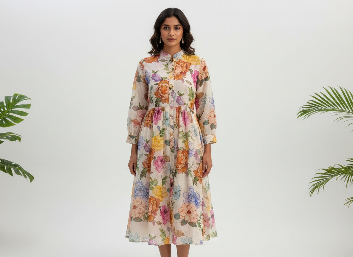 Mandarin Collar Chanderi Dress