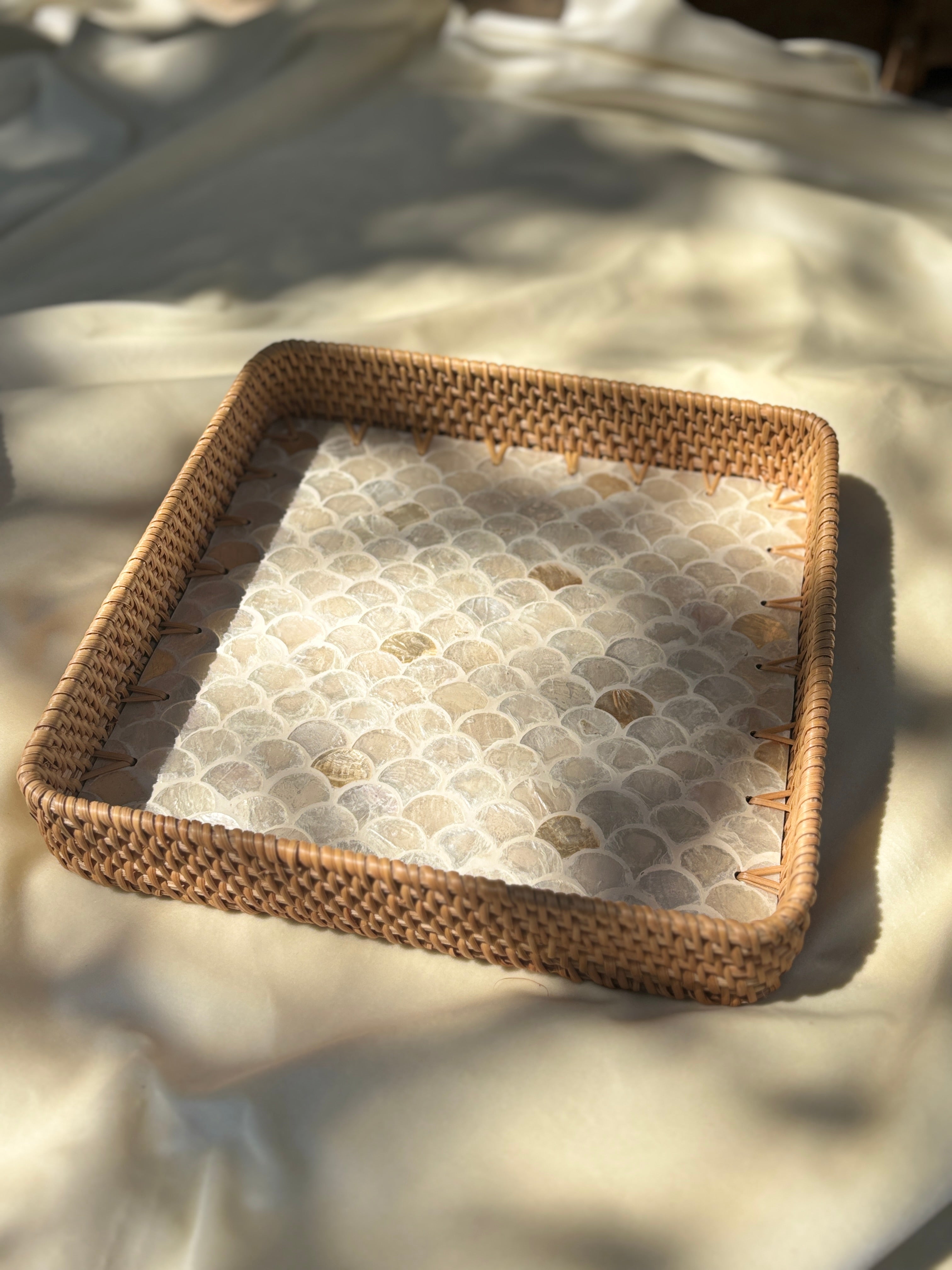 Oyster Artisanal Mother of Pearl Inlay Rattan Tray