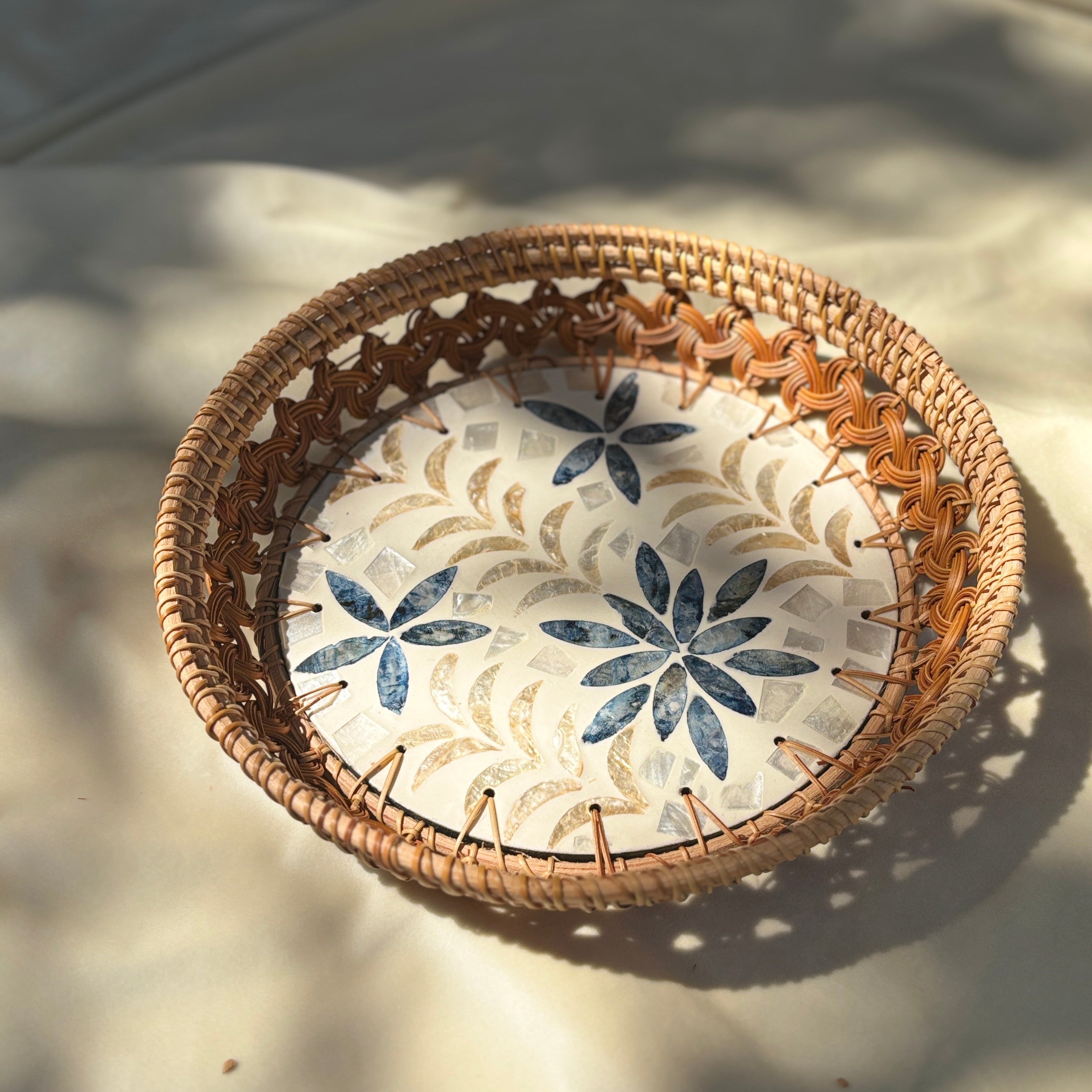 Meher Artisanal Mother of Pearl Inlay Rattan Basket