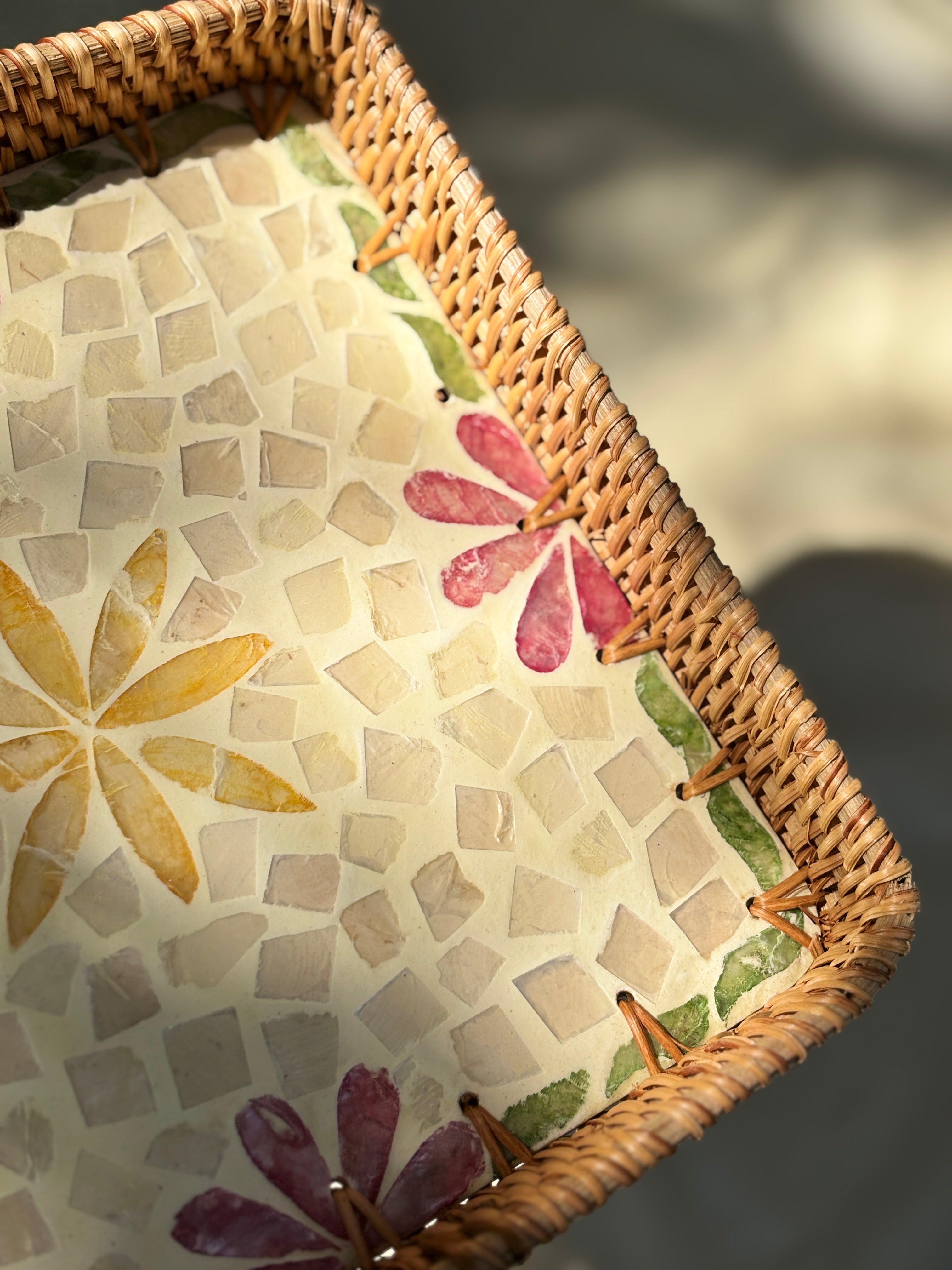 Yellowspings Artisanal Mother of Pearl Inlay Rattan Tray