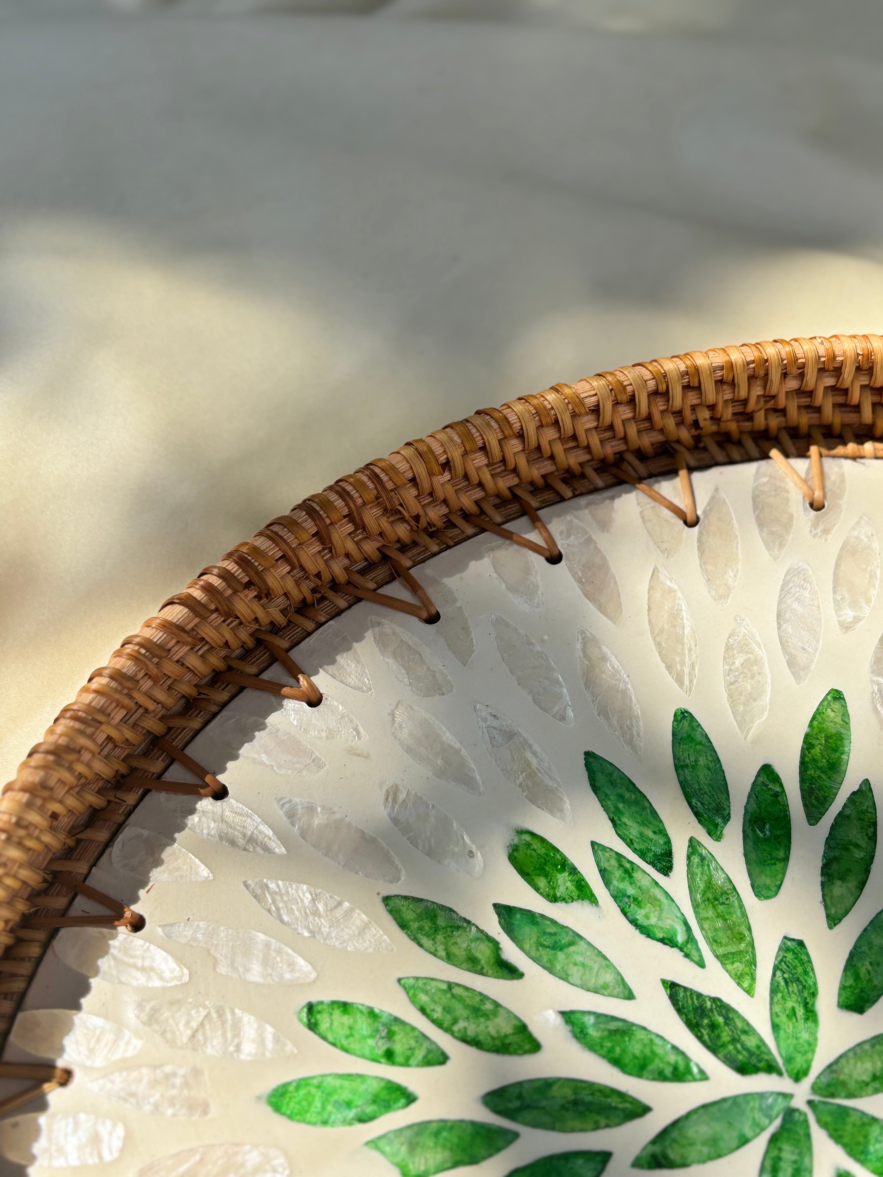 Serenity Artisanal Mother of Pearl Inlay Rattan Tray