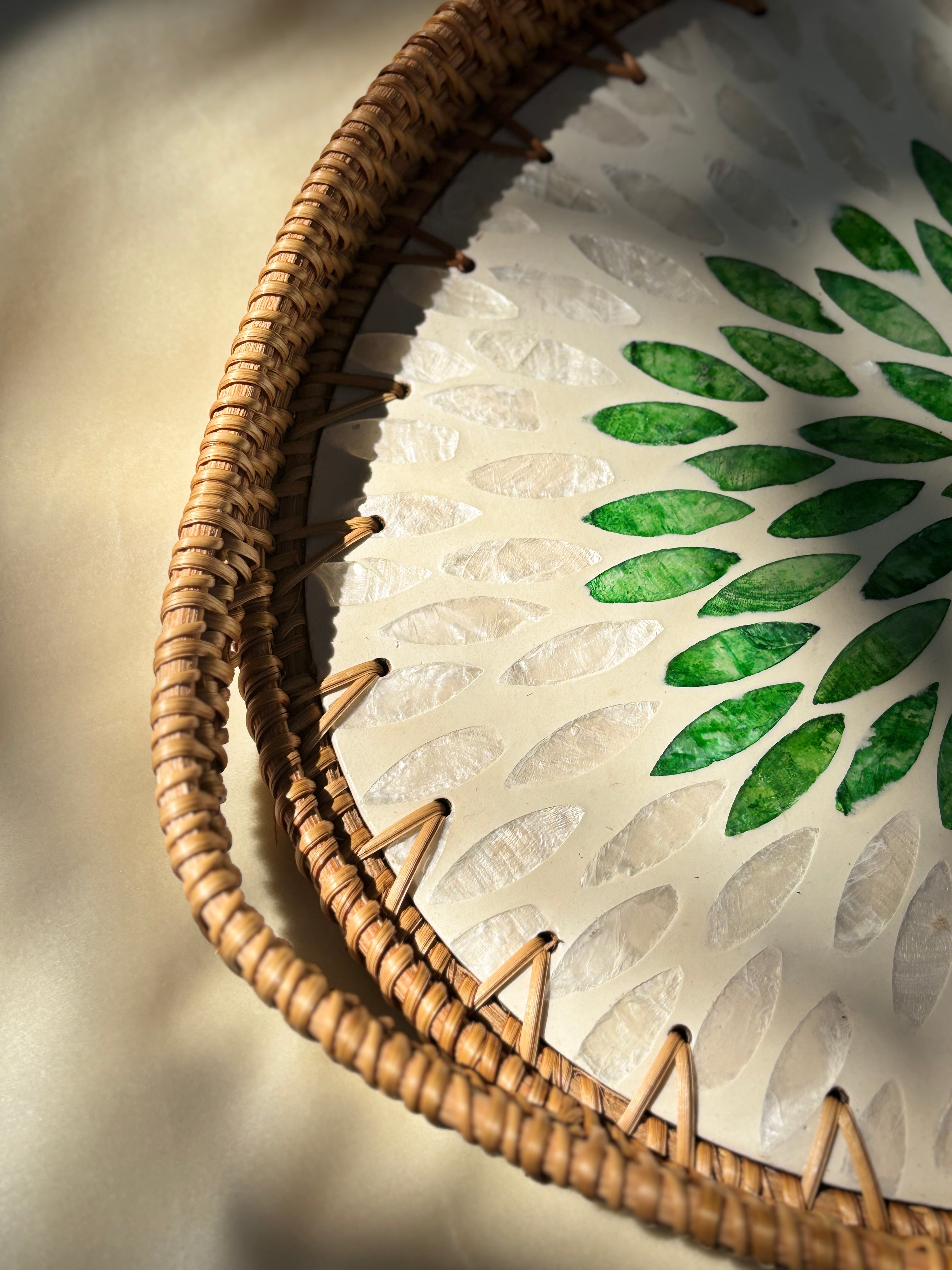 Serenity Artisanal Mother of Pearl Inlay Rattan Tray