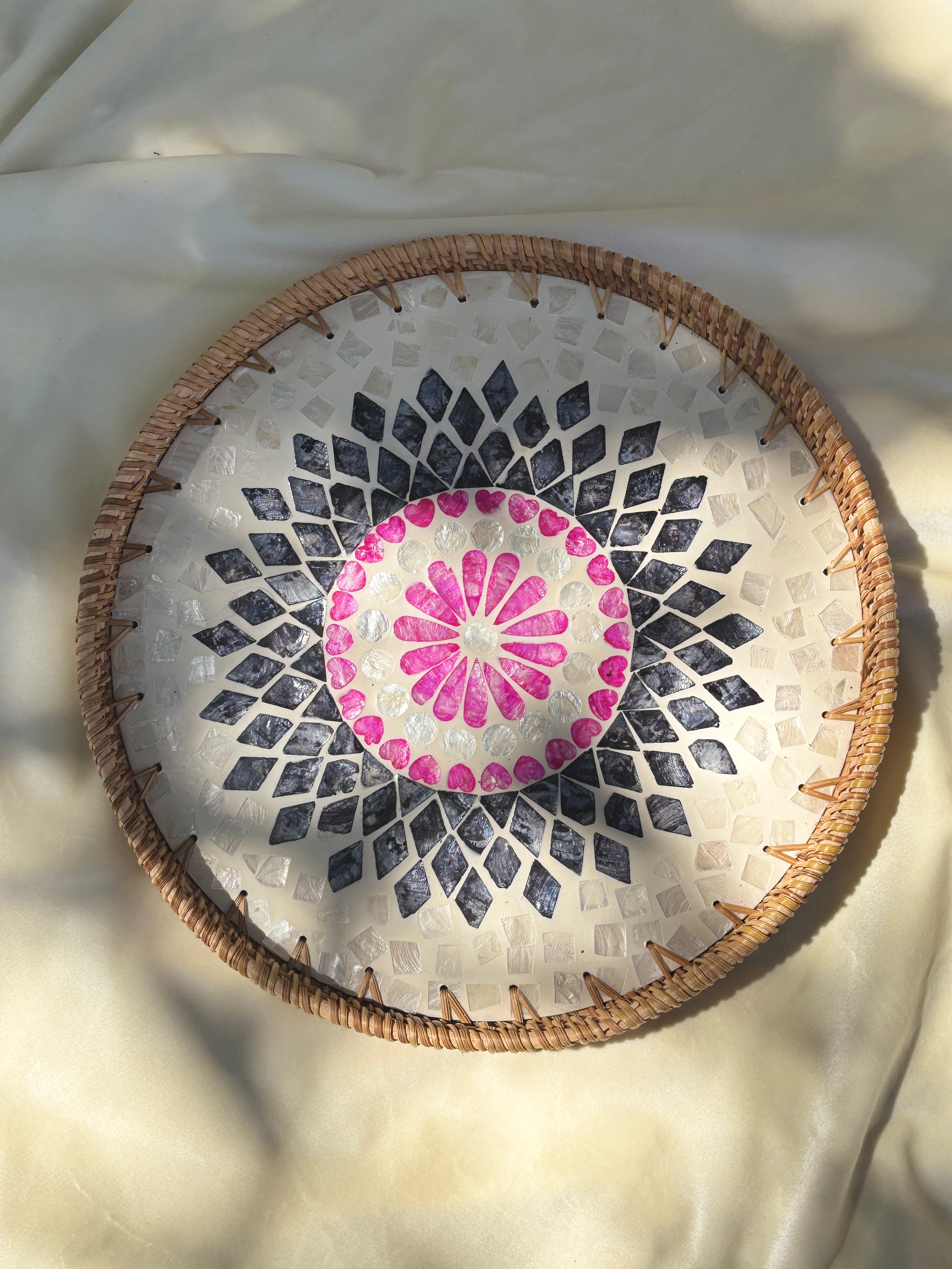 Mackenzie Artisanal Mother of Pearl Inlay Rattan Tray