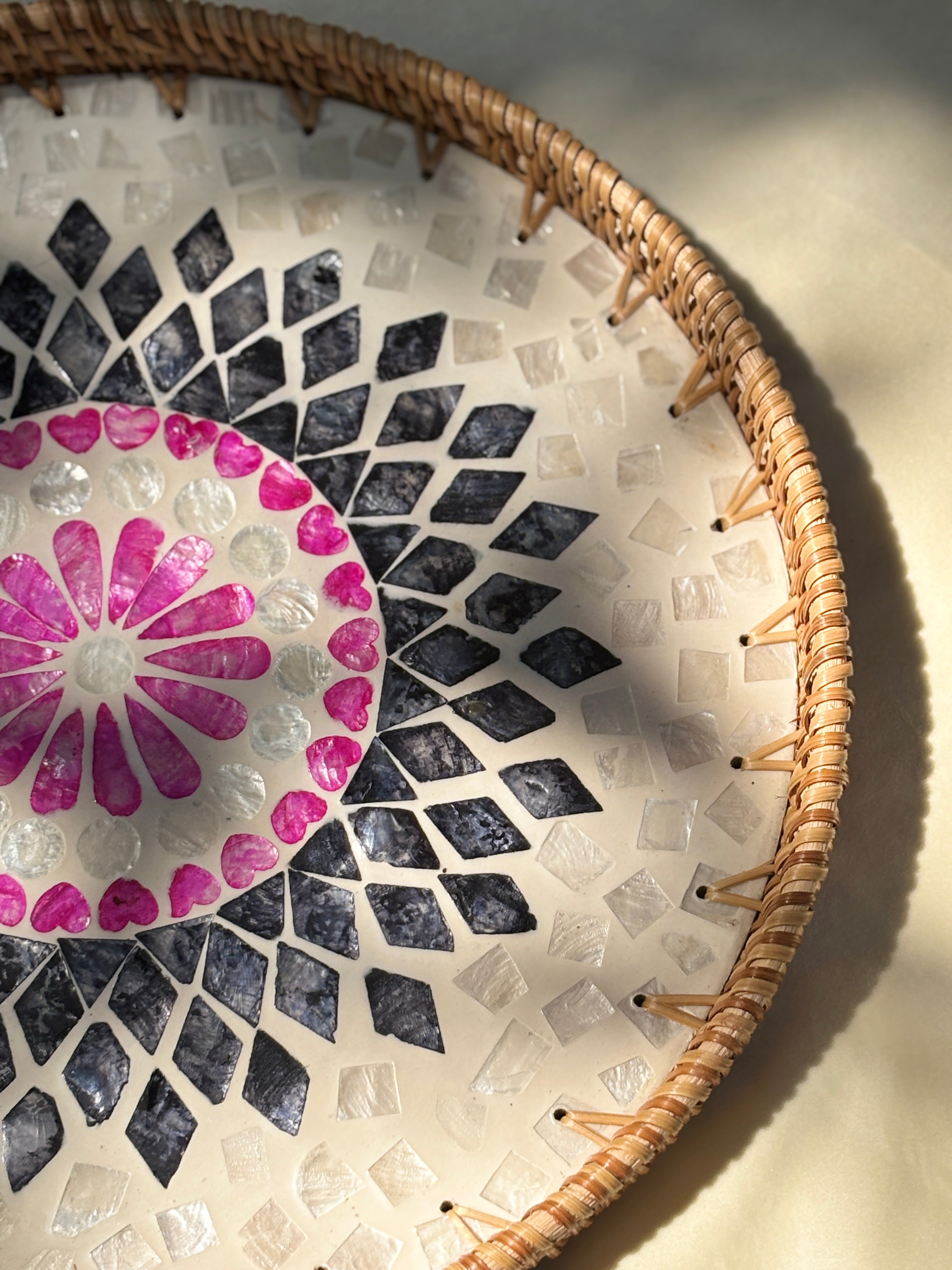 Mackenzie Artisanal Mother of Pearl Inlay Rattan Tray