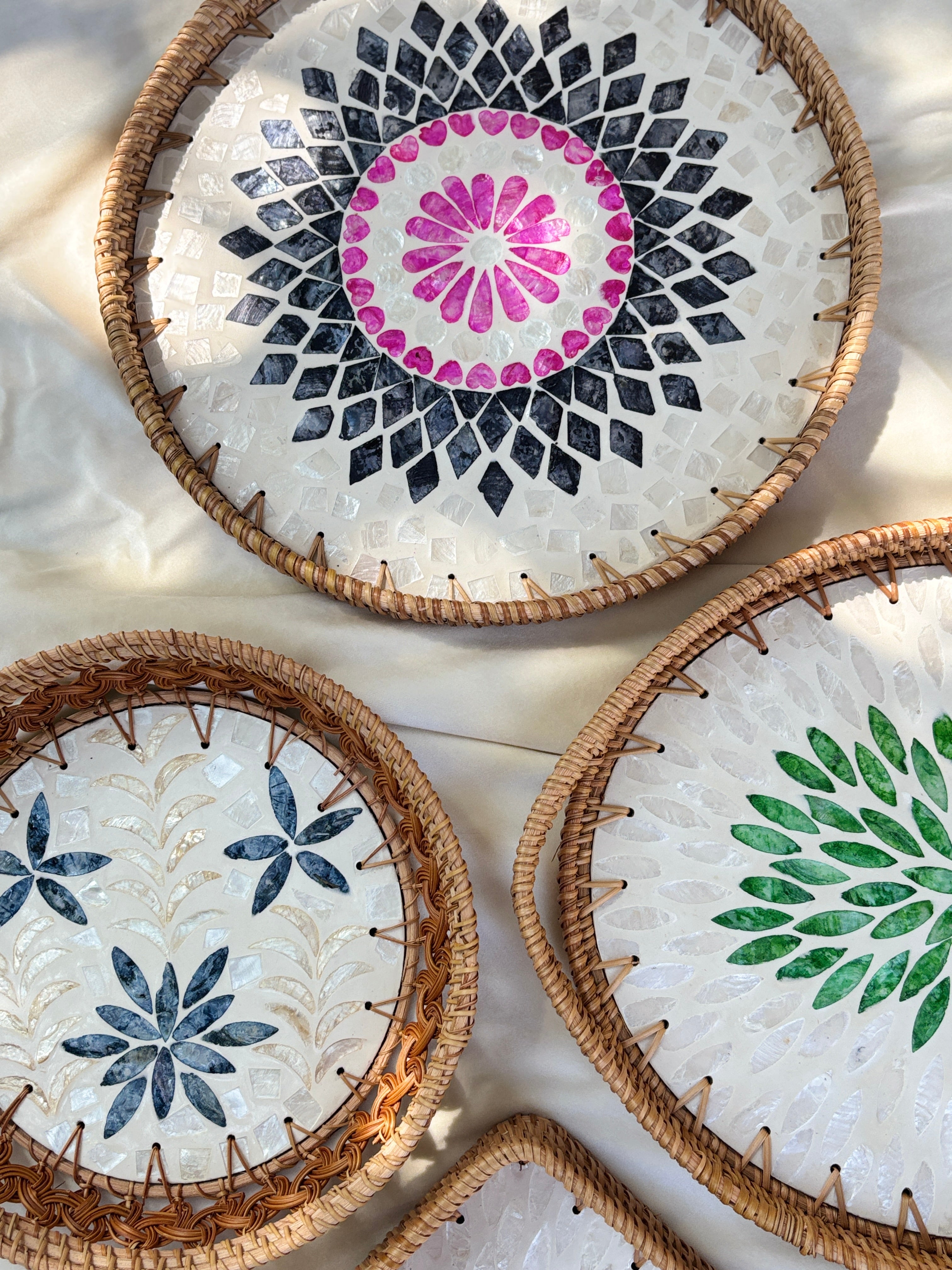 Serenity Artisanal Mother of Pearl Inlay Rattan Tray