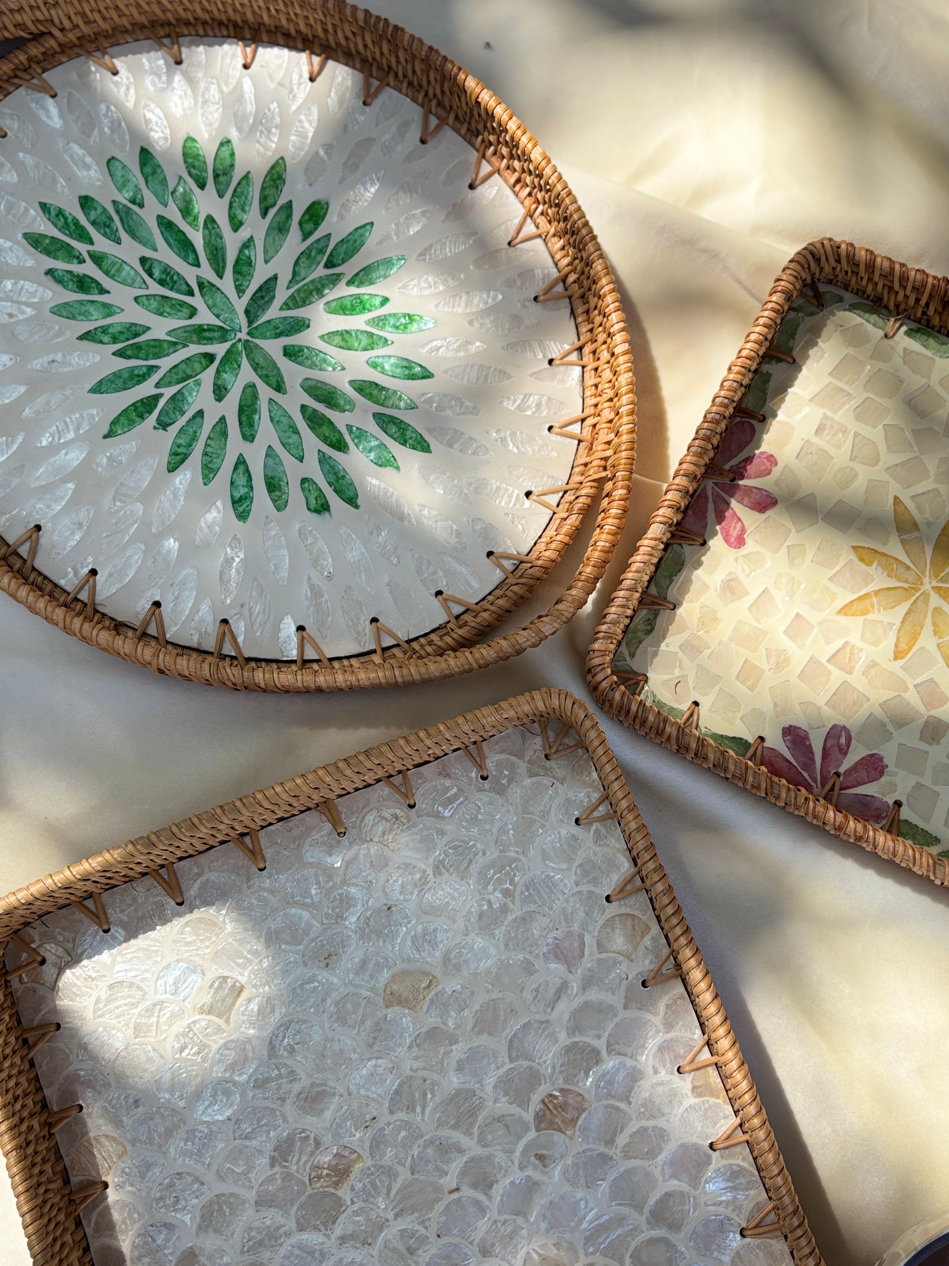 Serenity Artisanal Mother of Pearl Inlay Rattan Tray