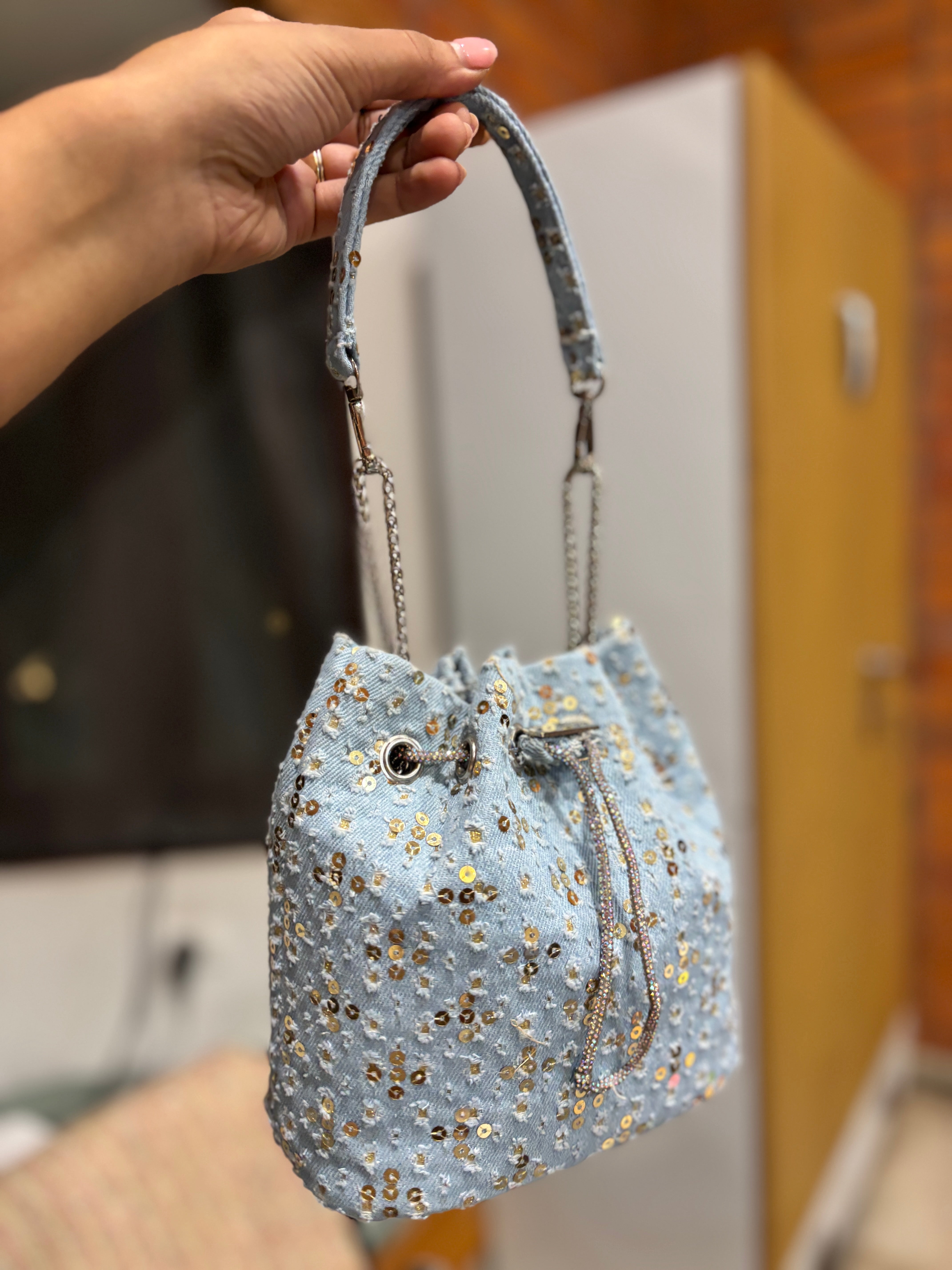 Sequin Denim Bucket Bag