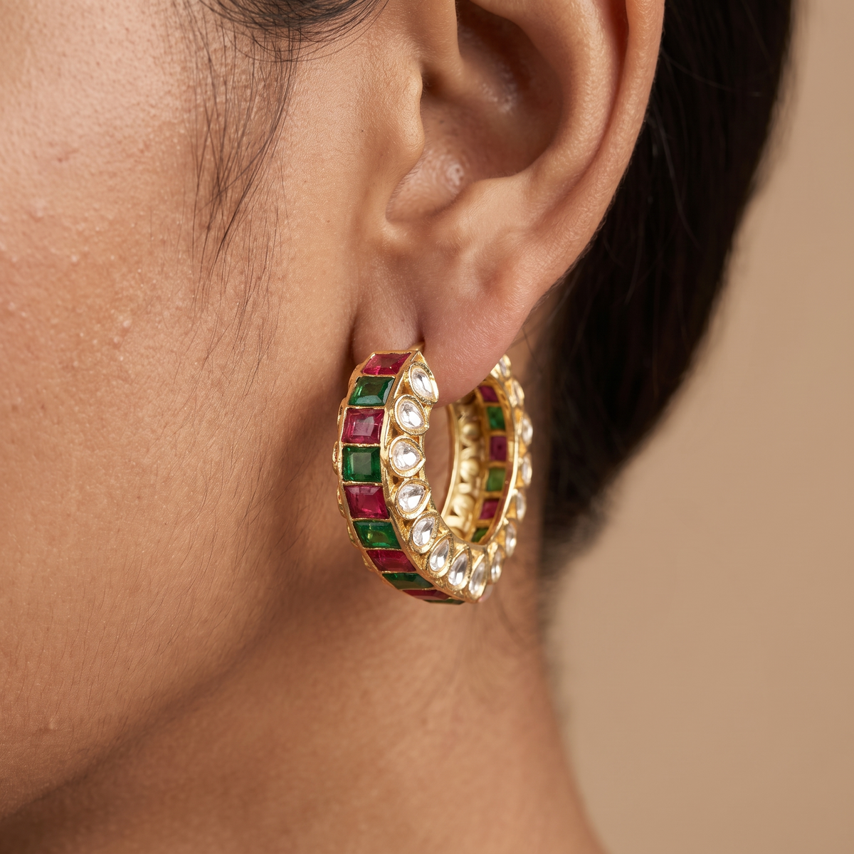 Emerald & Ruby Hoop Earrings with Clear Stones