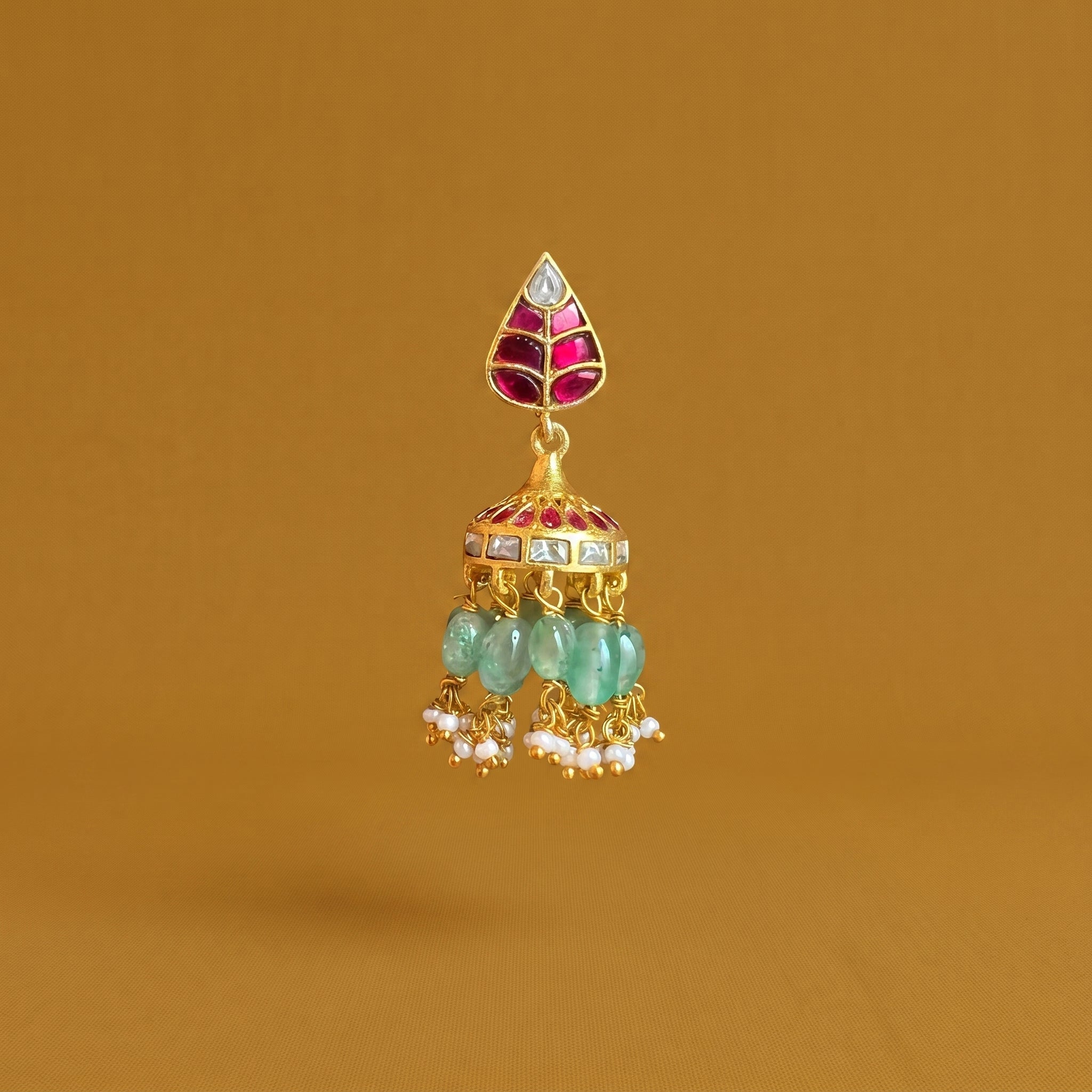 Leaf Jhumka Earrings with Green Stone & Pearl