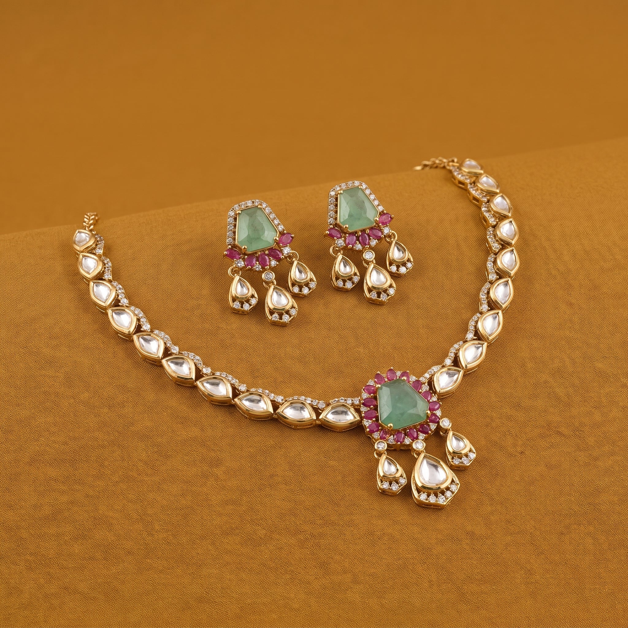 Maharani Green Stone Necklace & Earring Set