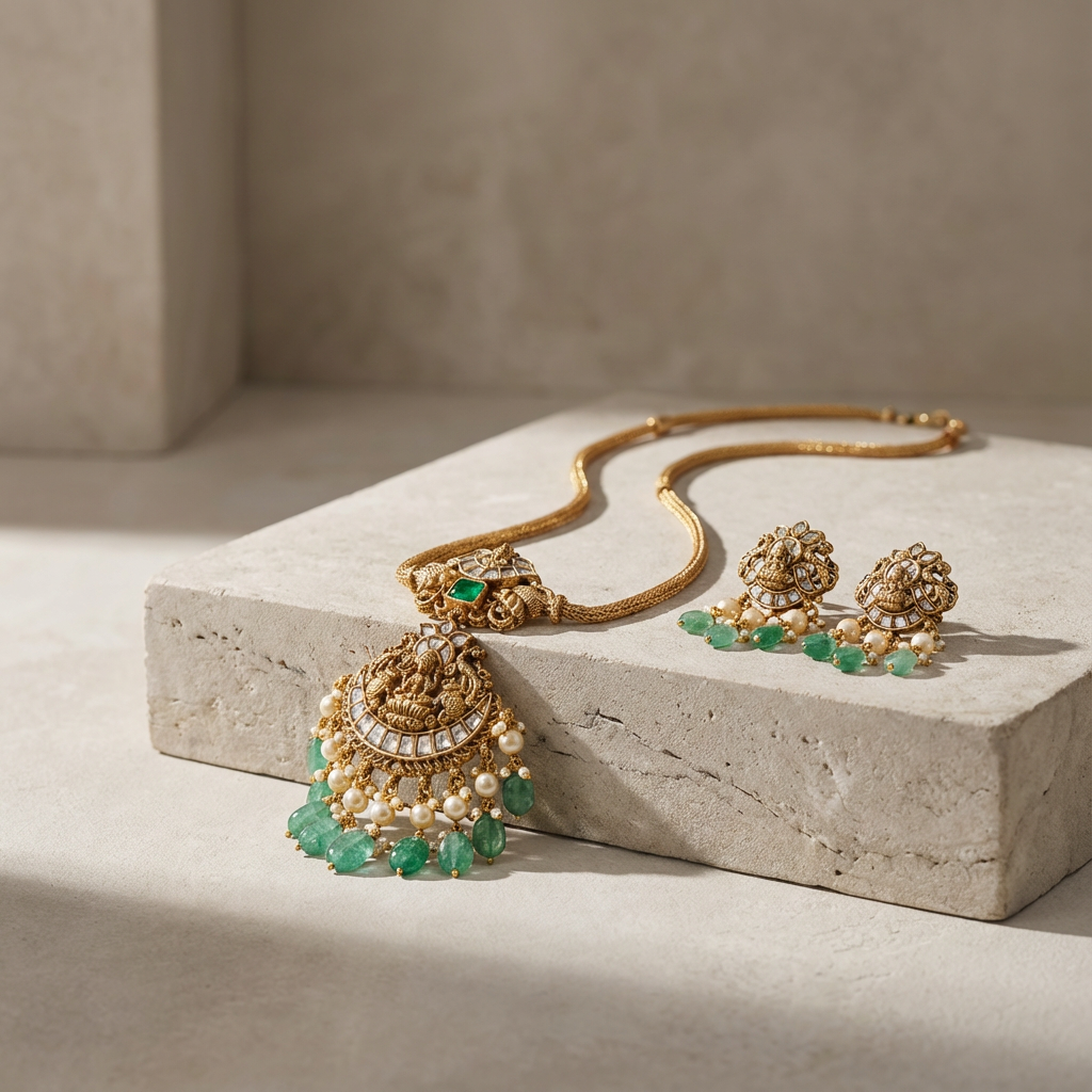 Vrindāra Lakshmi Emerald Temple Necklace Set