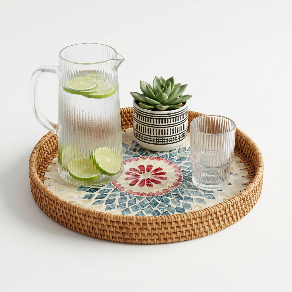 Mackenzie Artisanal Mother of Pearl Inlay Rattan Tray