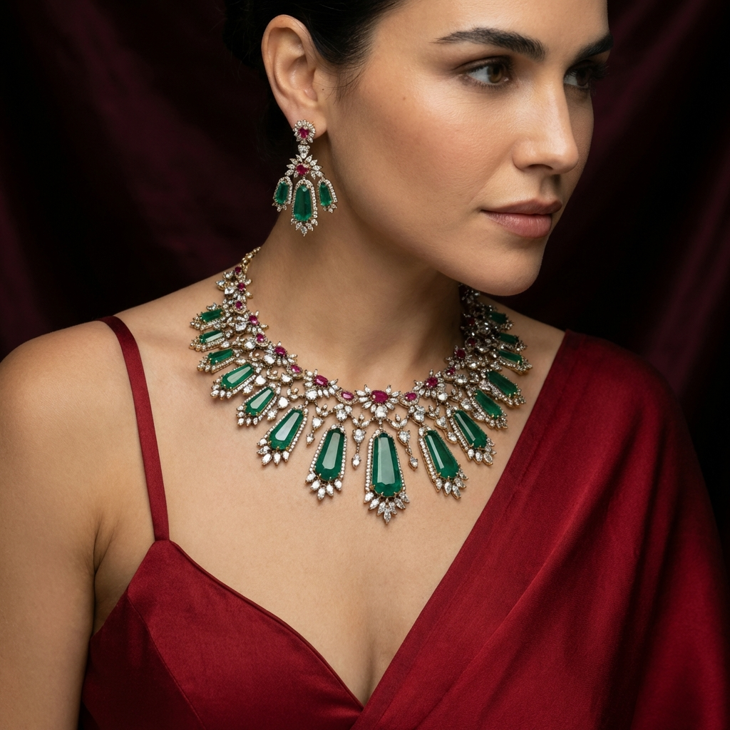 Ziyaara Emerald Cascade Necklace Set