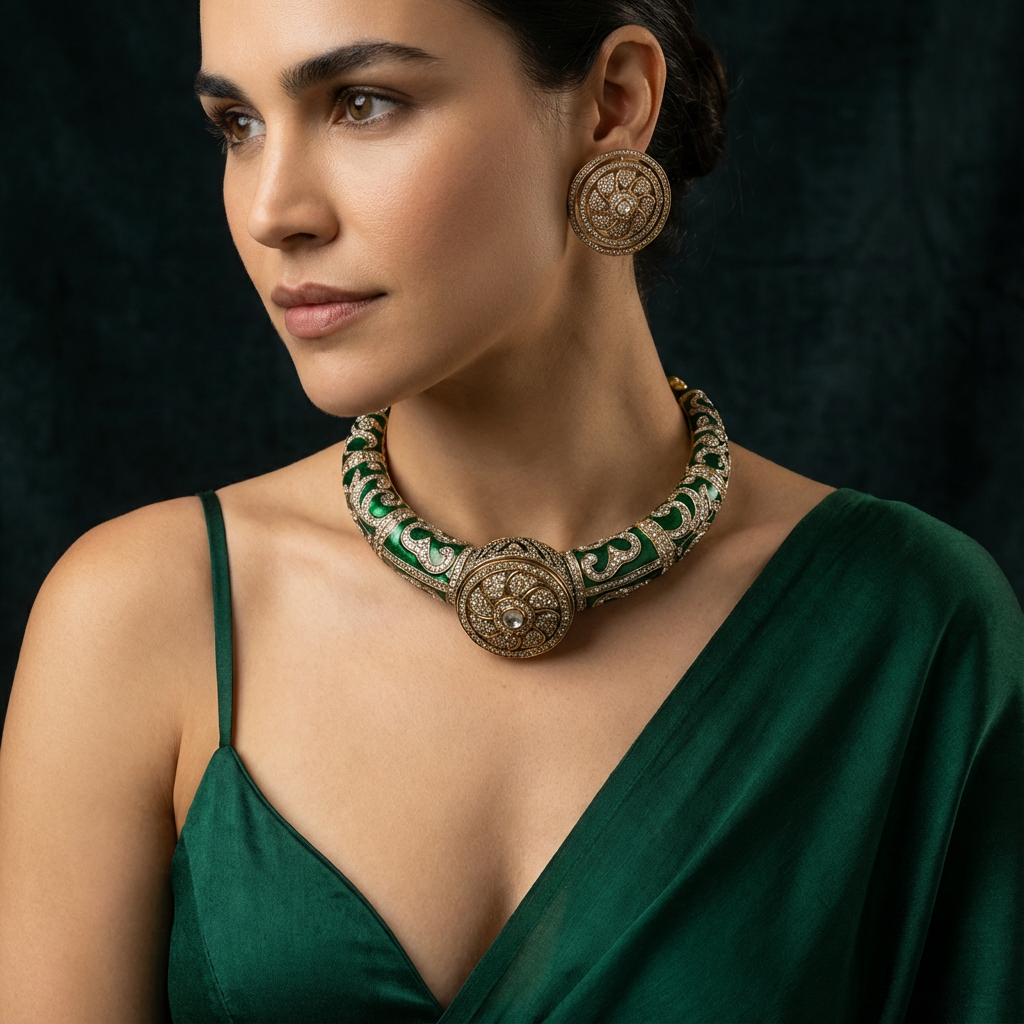 Emerald Enamel Hasli Necklace with earrings