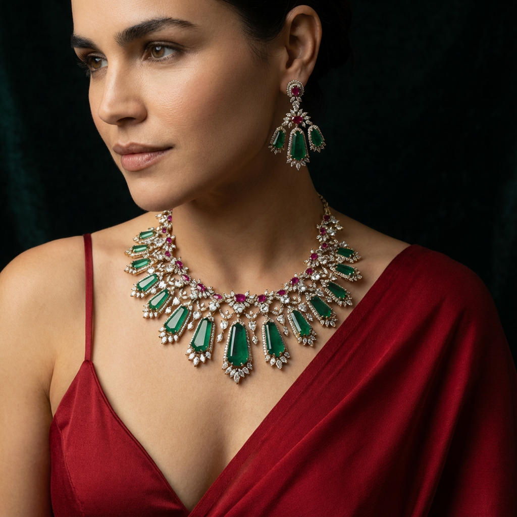 Ziyaara Emerald Cascade Necklace Set