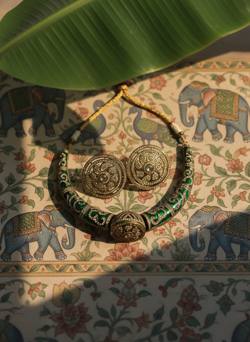 Emerald Enamel Hasli Necklace with earrings