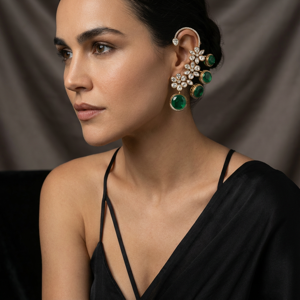 Emerald Floral Ear Cuff Earrings