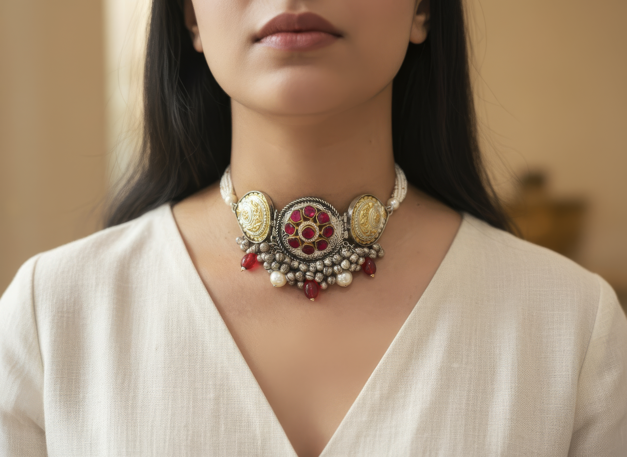 Boho Ghungroos Ruby Toned Choker mixed metal