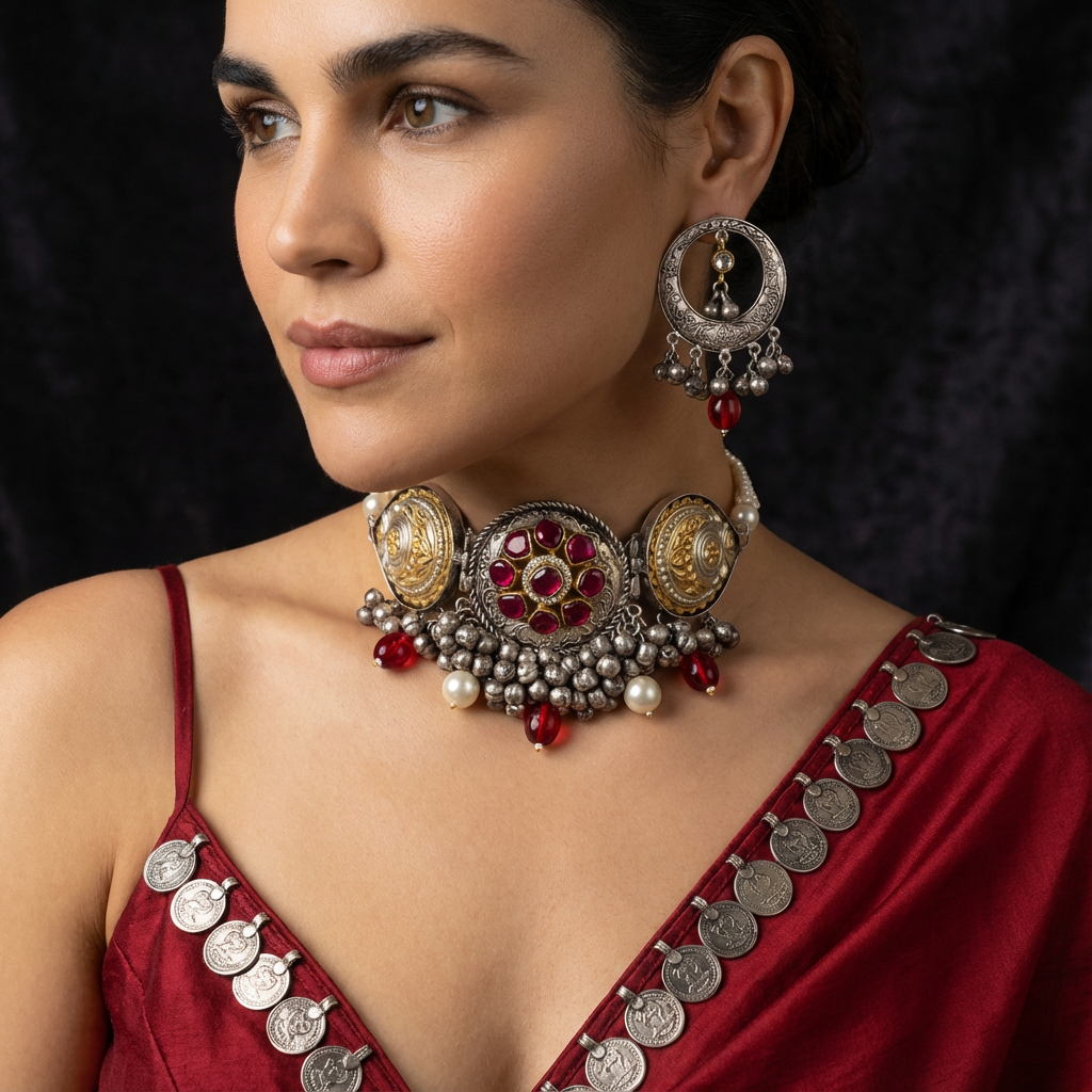 Boho Ghungroos Ruby Toned Choker mixed metal