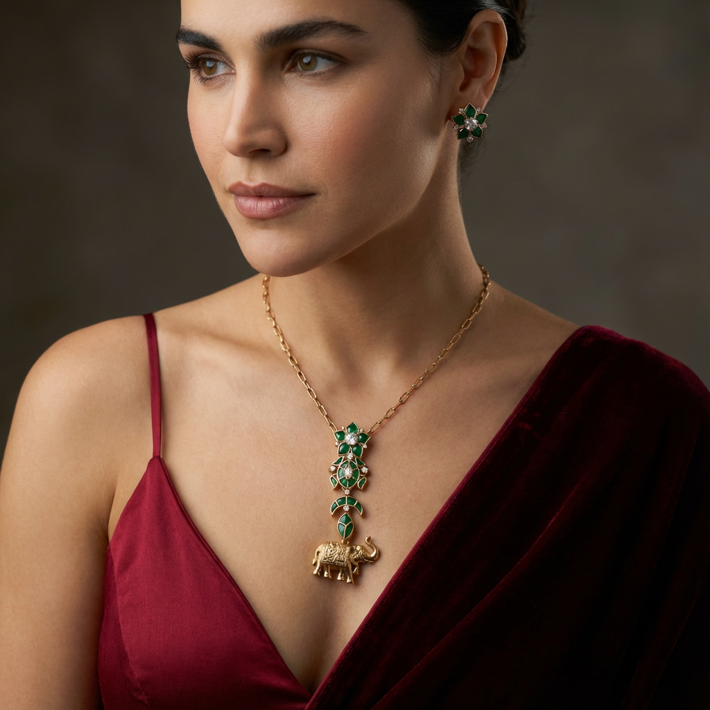 Emerald Gajra Elephant Pendant Necklace