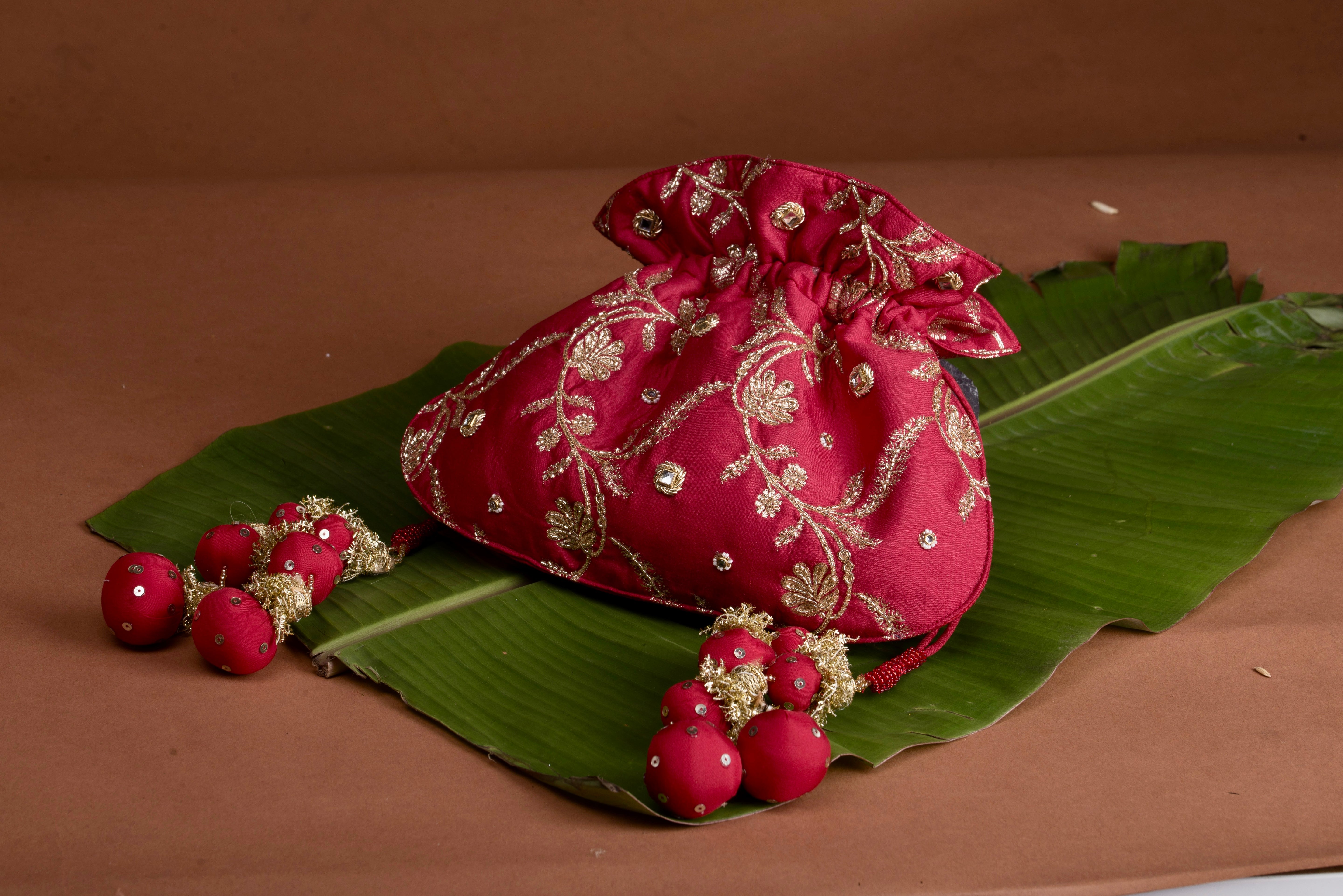Red U Shape Potli Bag - Chanderi