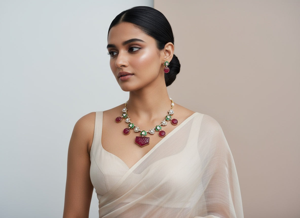 Carved Ruby Lotus Kundan Necklace Set