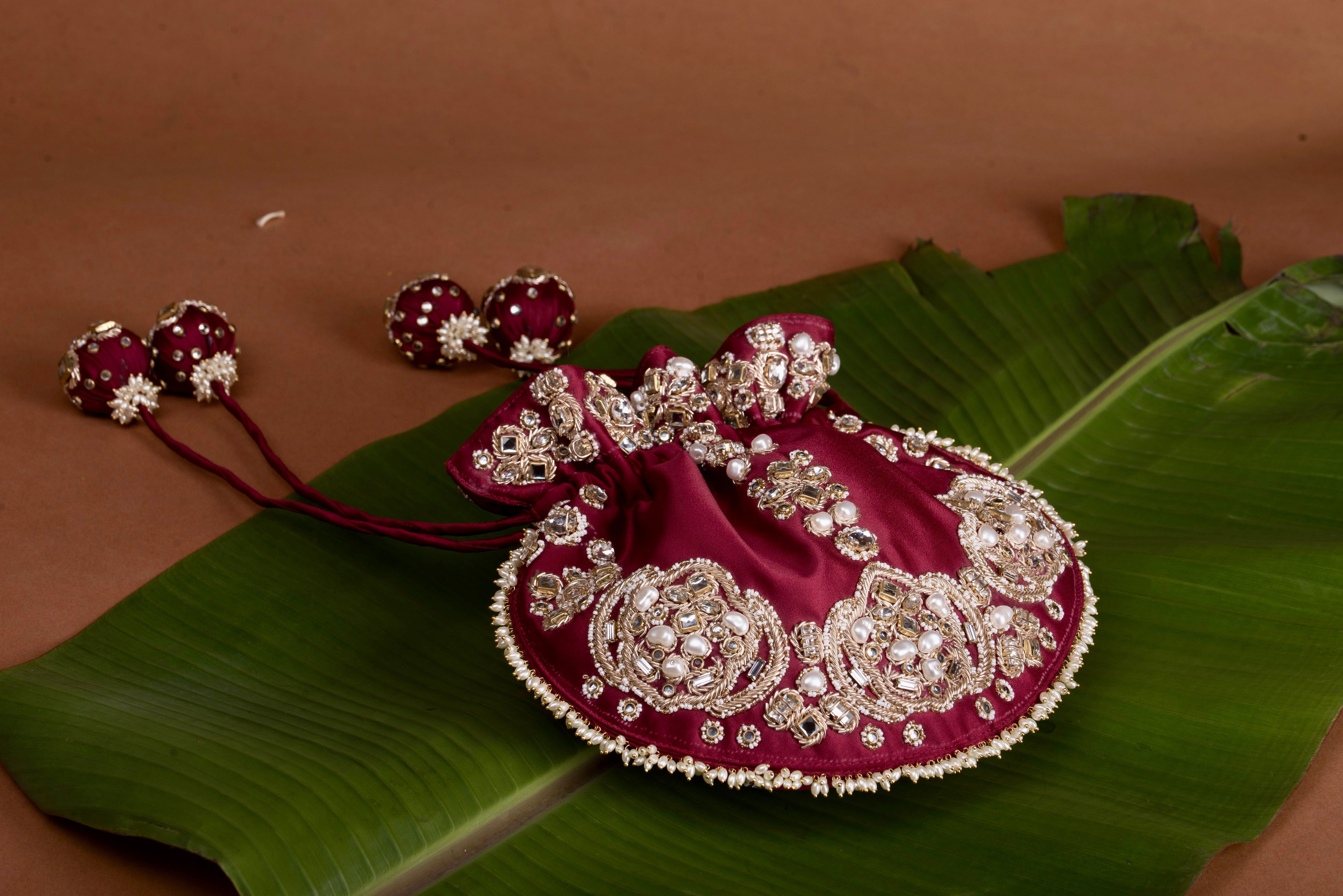 Jadau Embroidered Potli- Maroon Bag