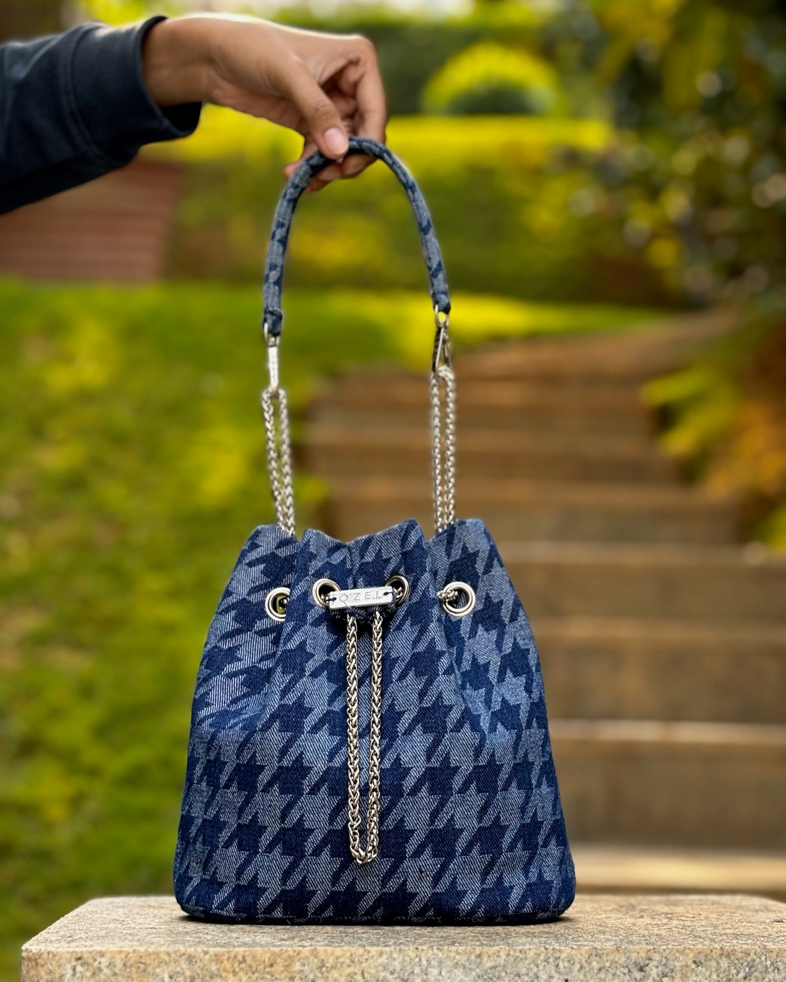 Houndstooth Denim Bucket Bag