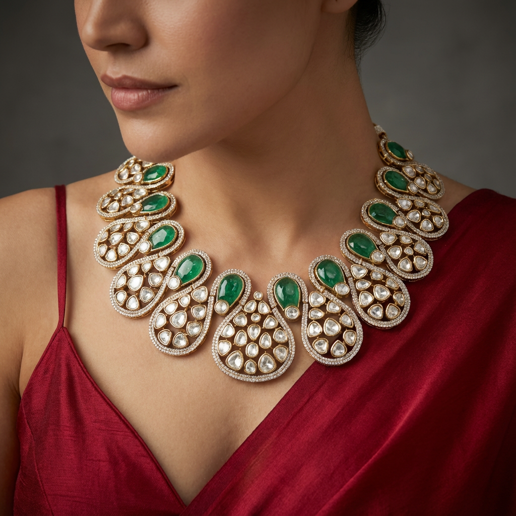 Emerald Drop Kundan Collar Necklace