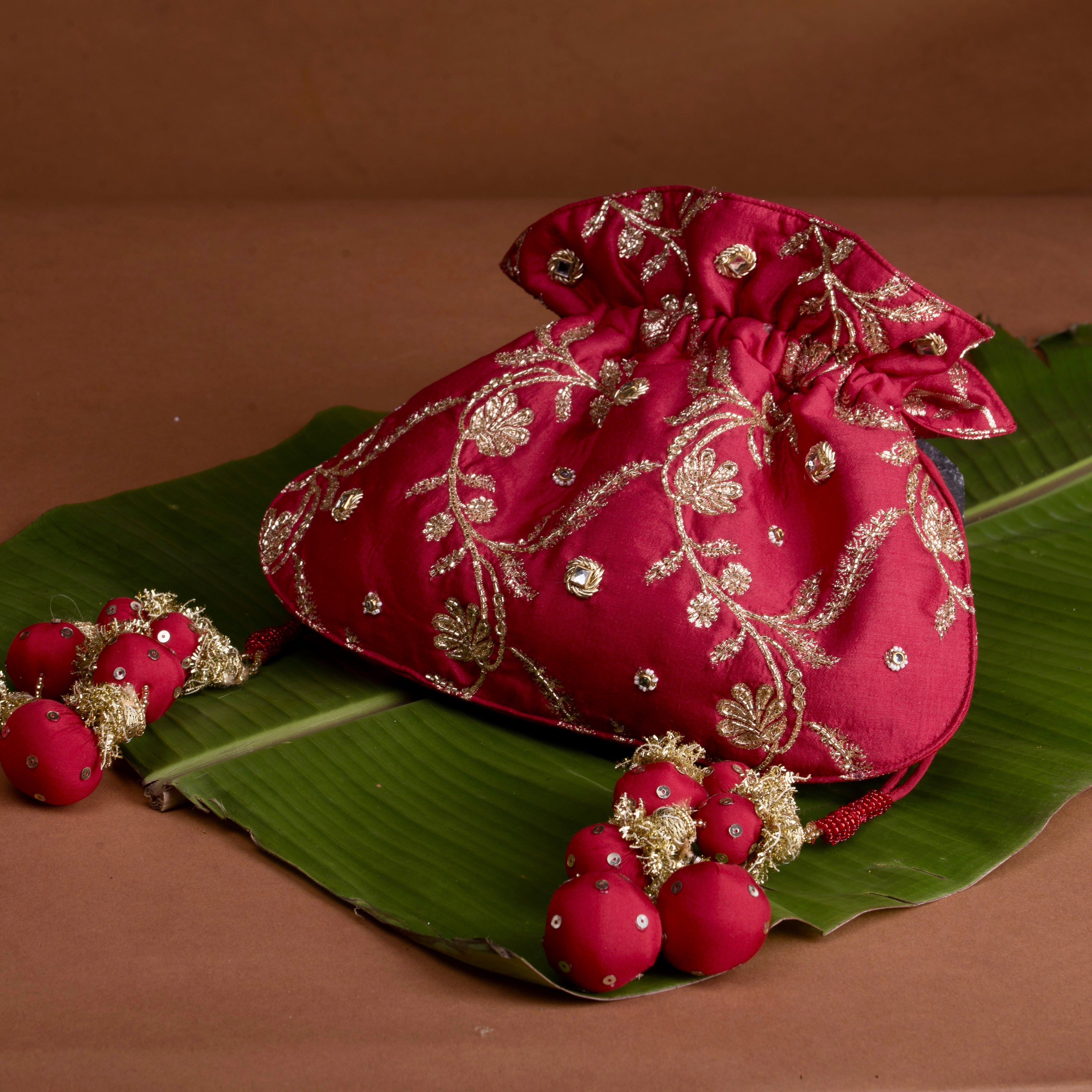 Red U Shape Potli Bag - Chanderi