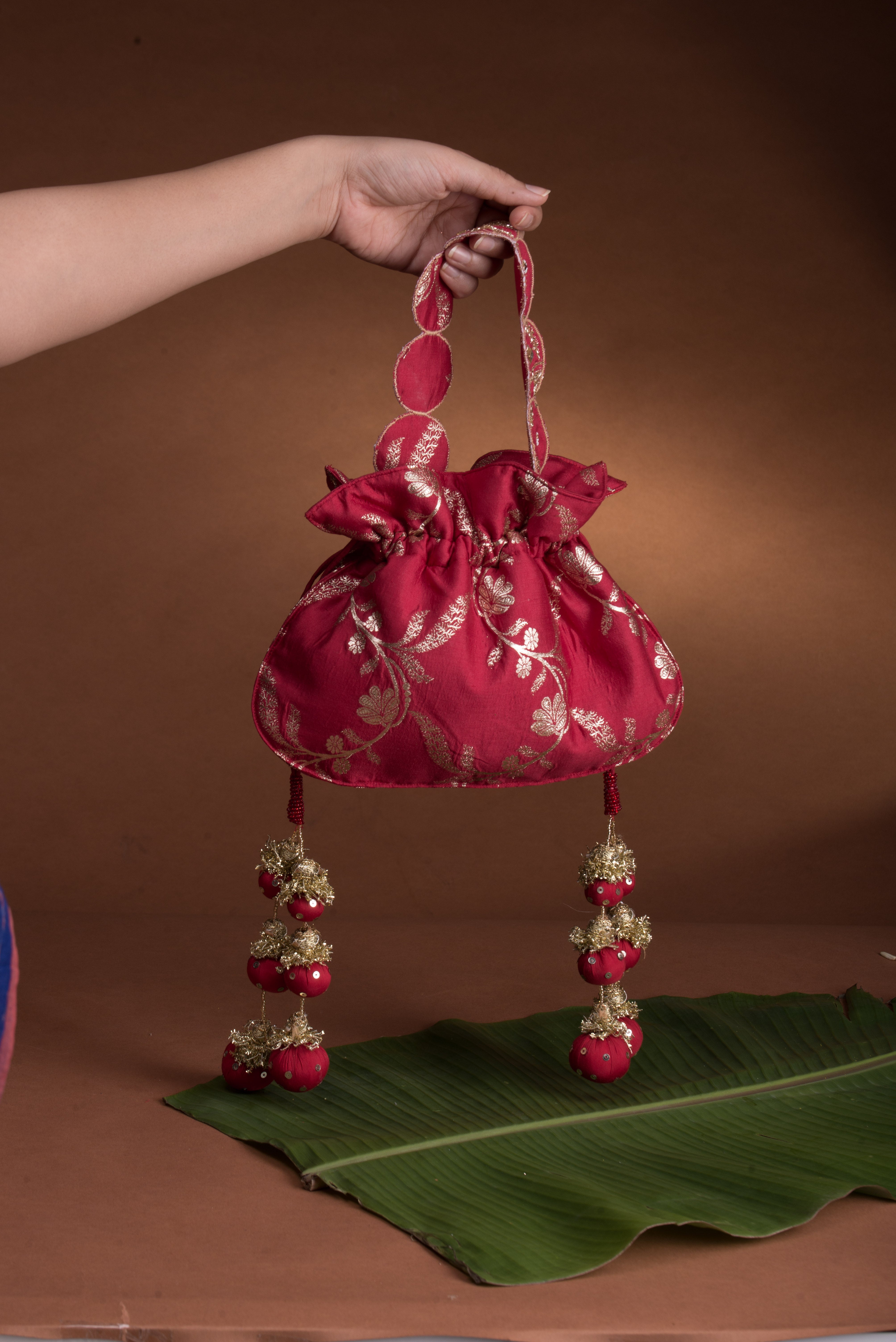 Red U Shape Potli Bag - Chanderi