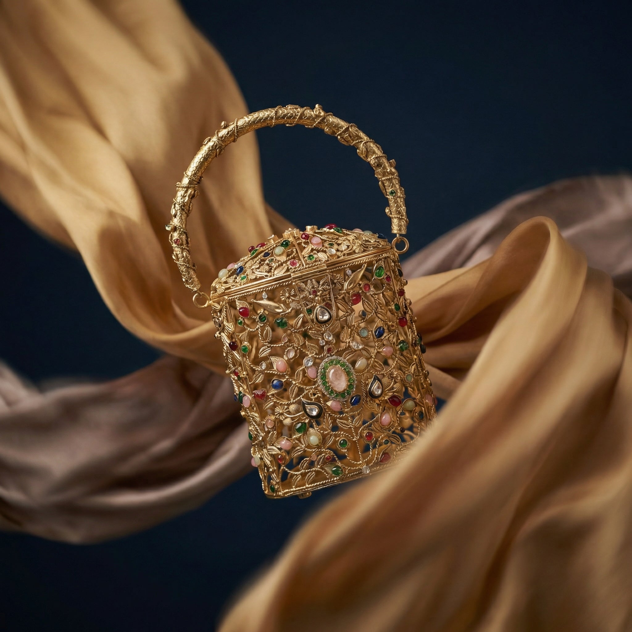 Top handle of The Ozel sculptural brass bucket bag — Ozel