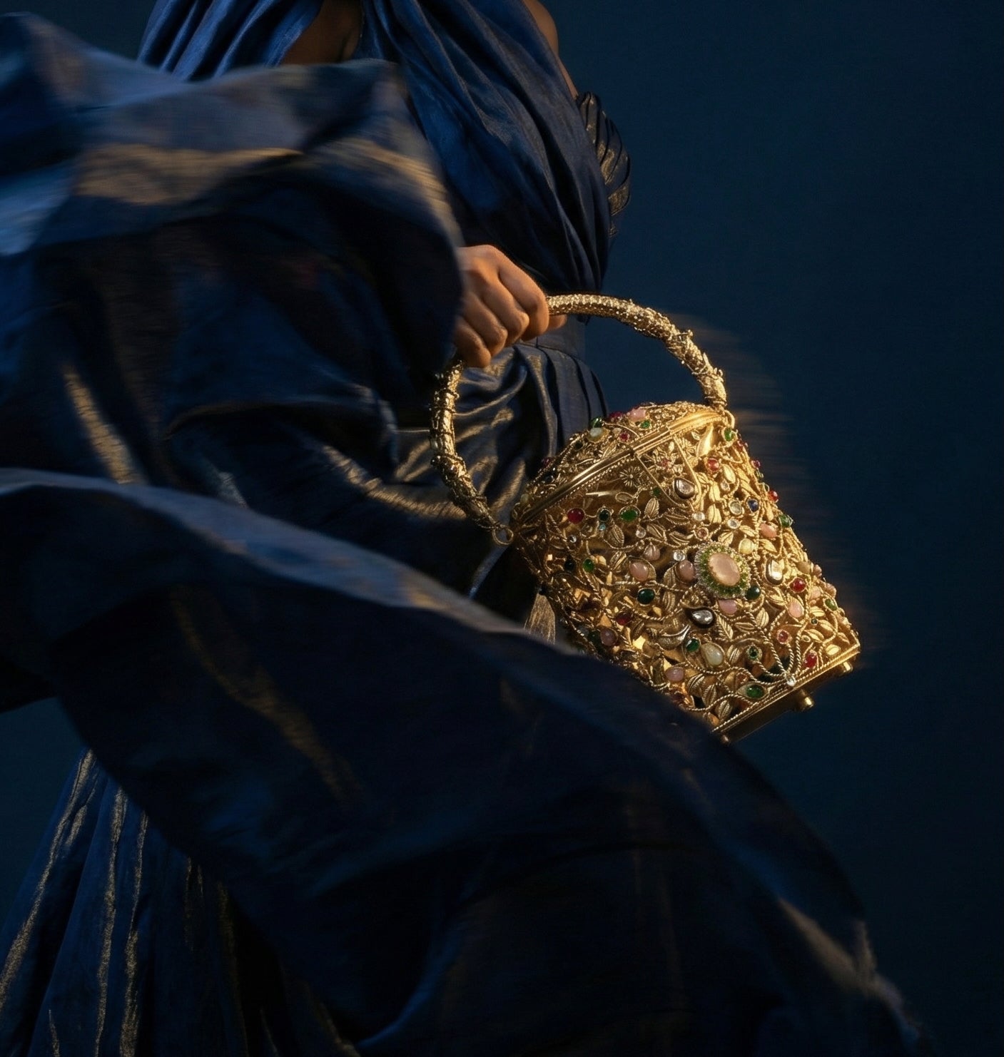 The Ozel Bag styled with a golden couture look, as carried at Cannes — Ozel