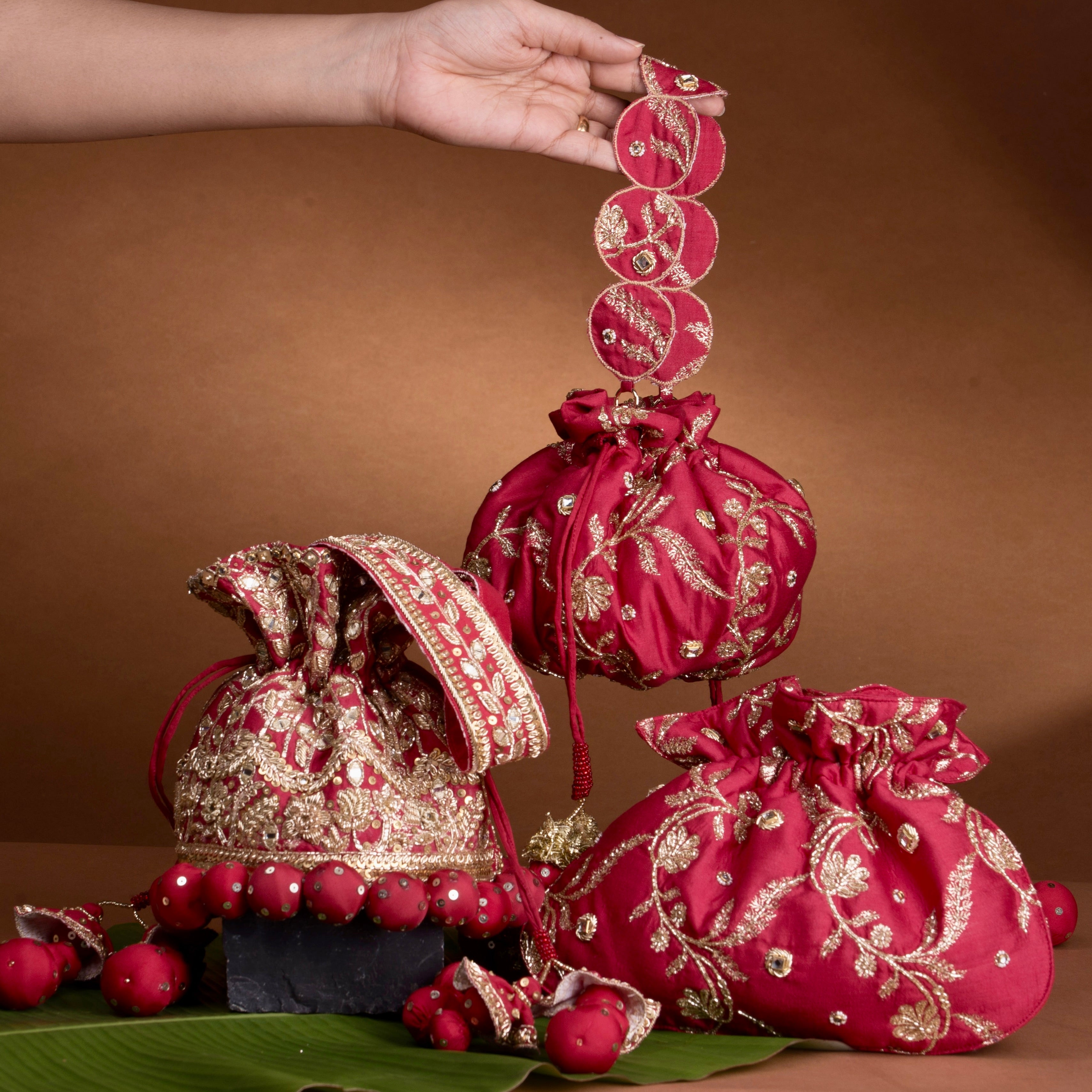 Red U Shape Potli Bag - Chanderi