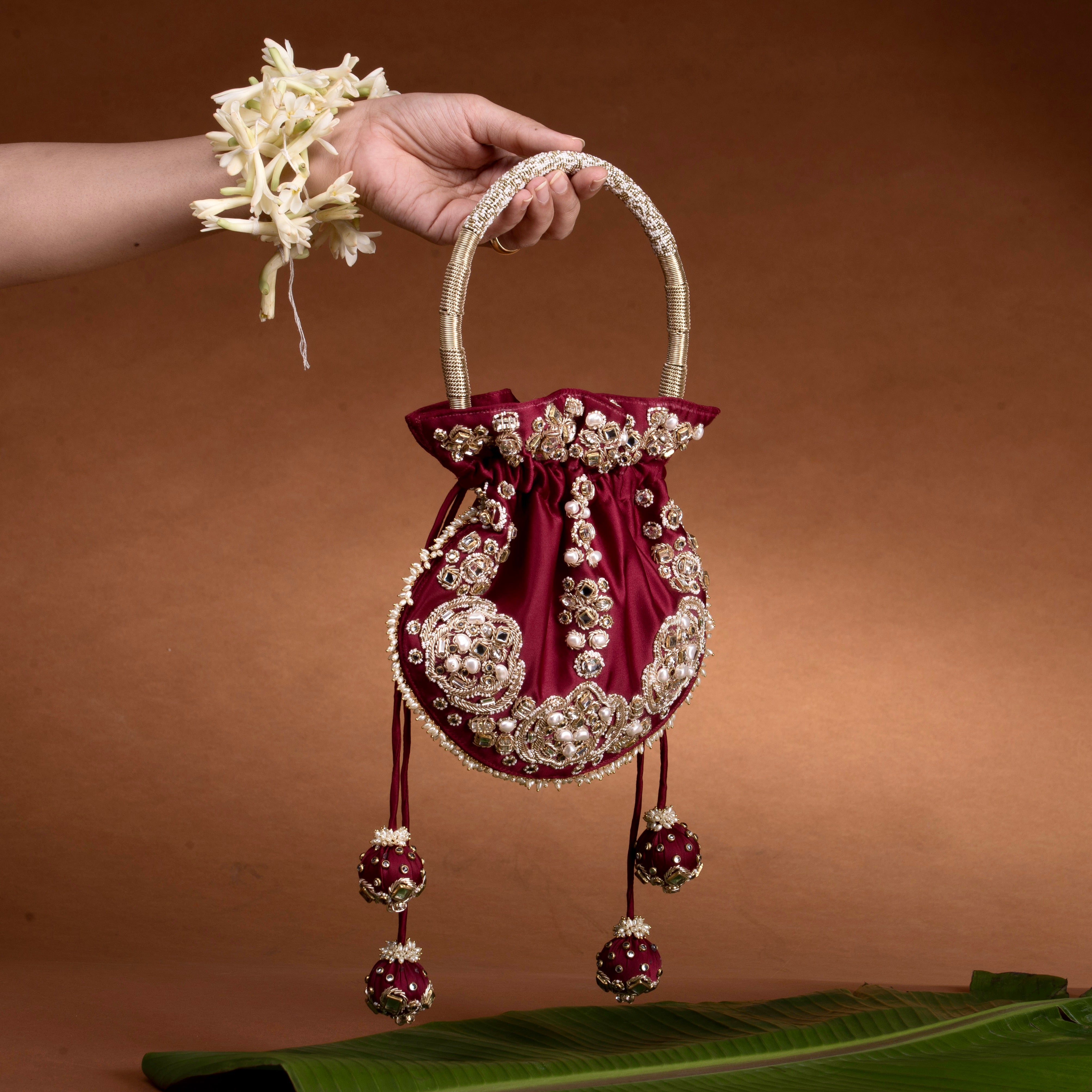 Jadau Embroidered Potli- Maroon Bag