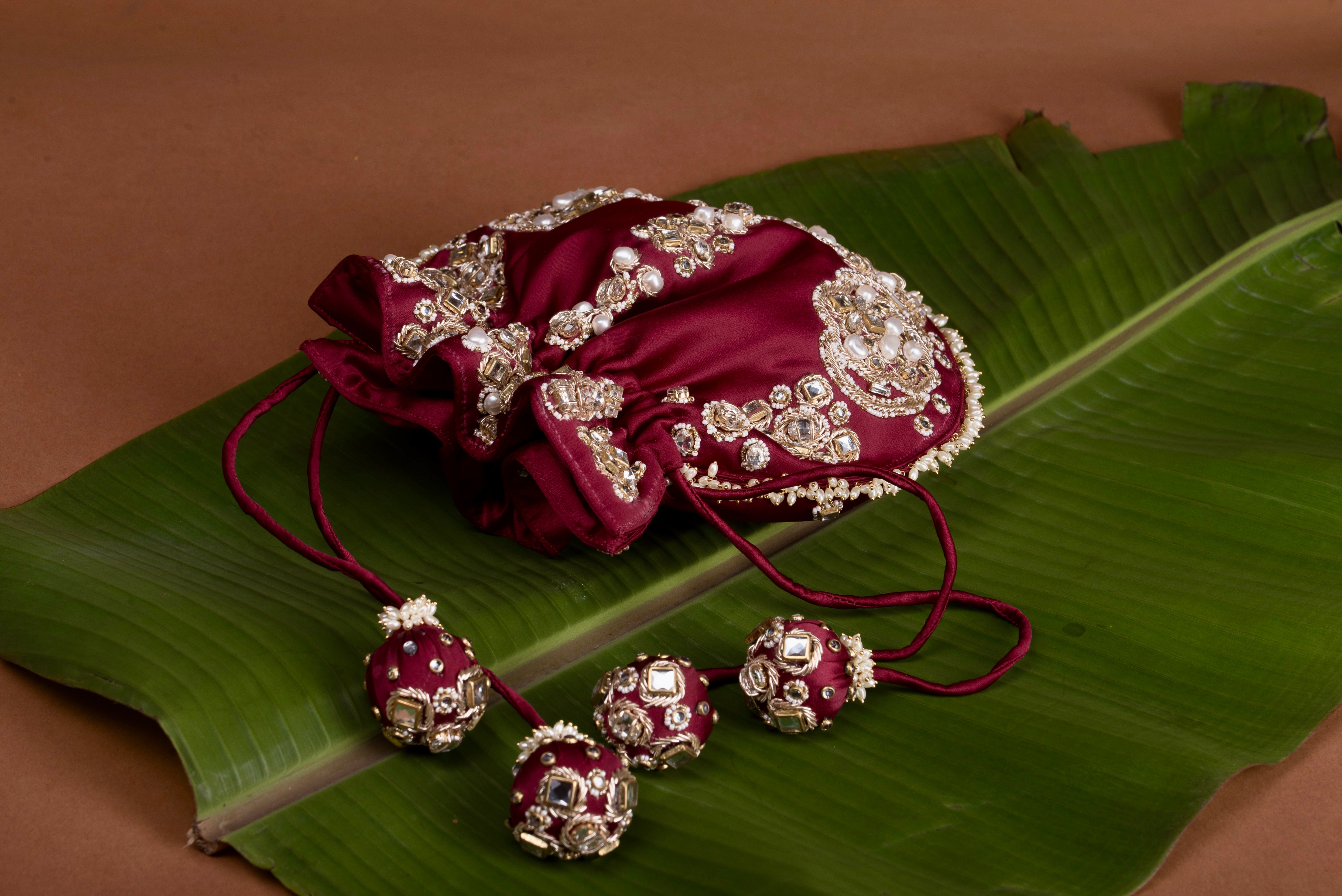 Jadau Embroidered Potli- Maroon Bag