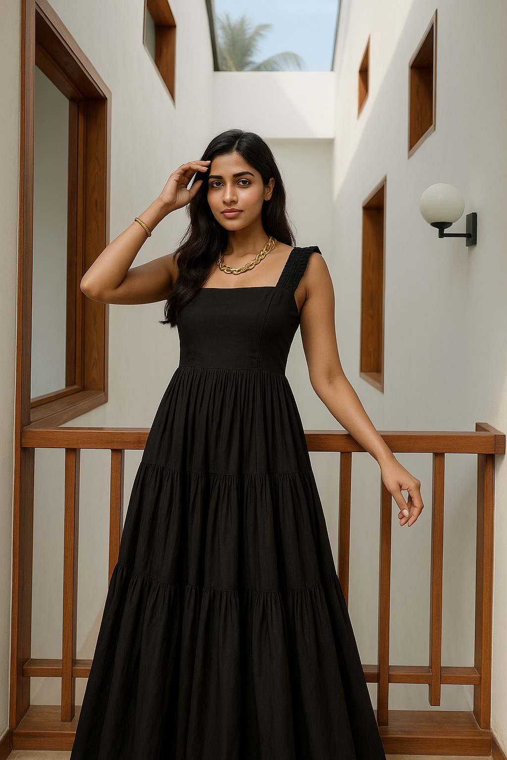 Zoe Black Long Dress with sleek floor-length silhouette in deep black by Ozel