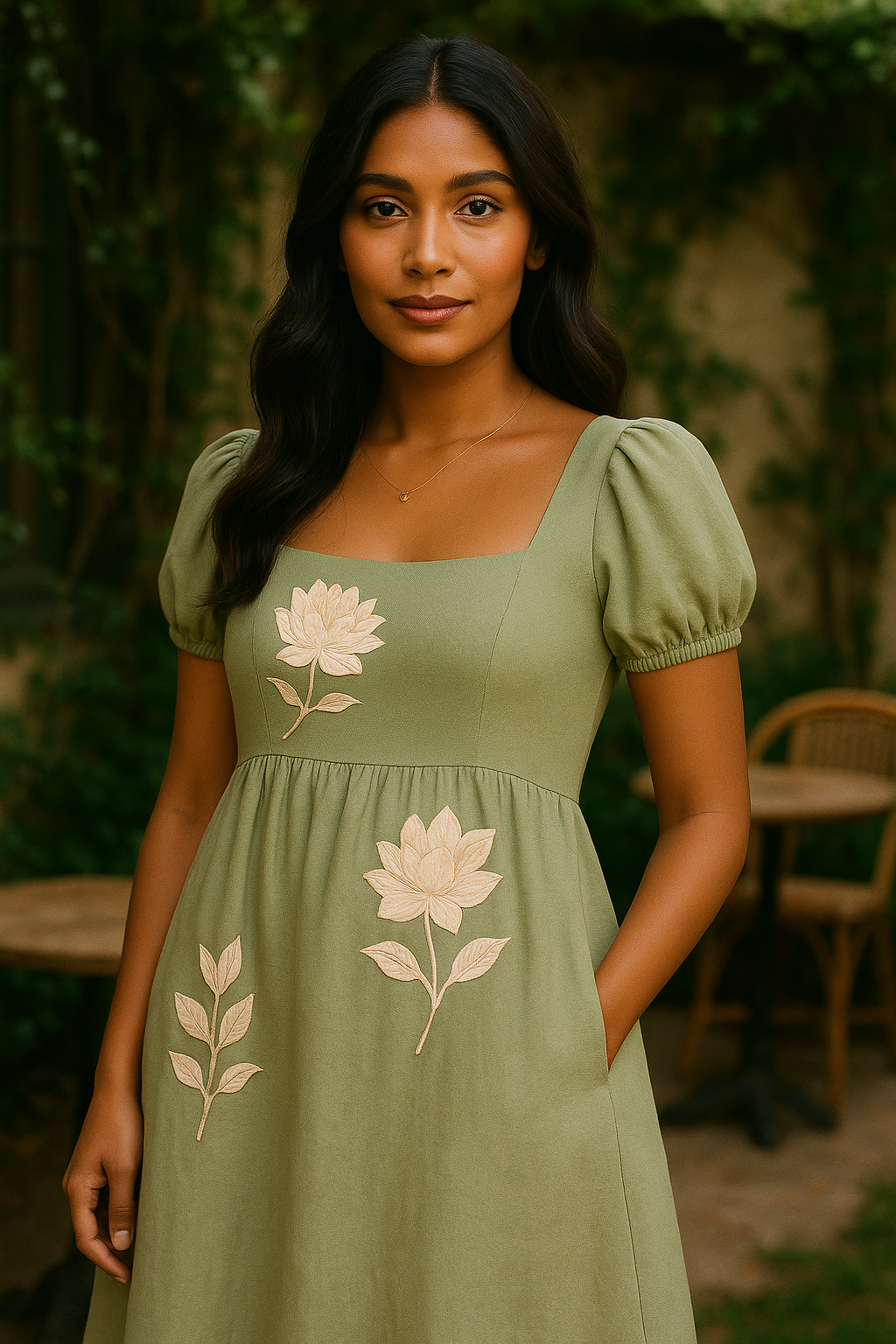Embroidered Garden Midi Dress with sleeves