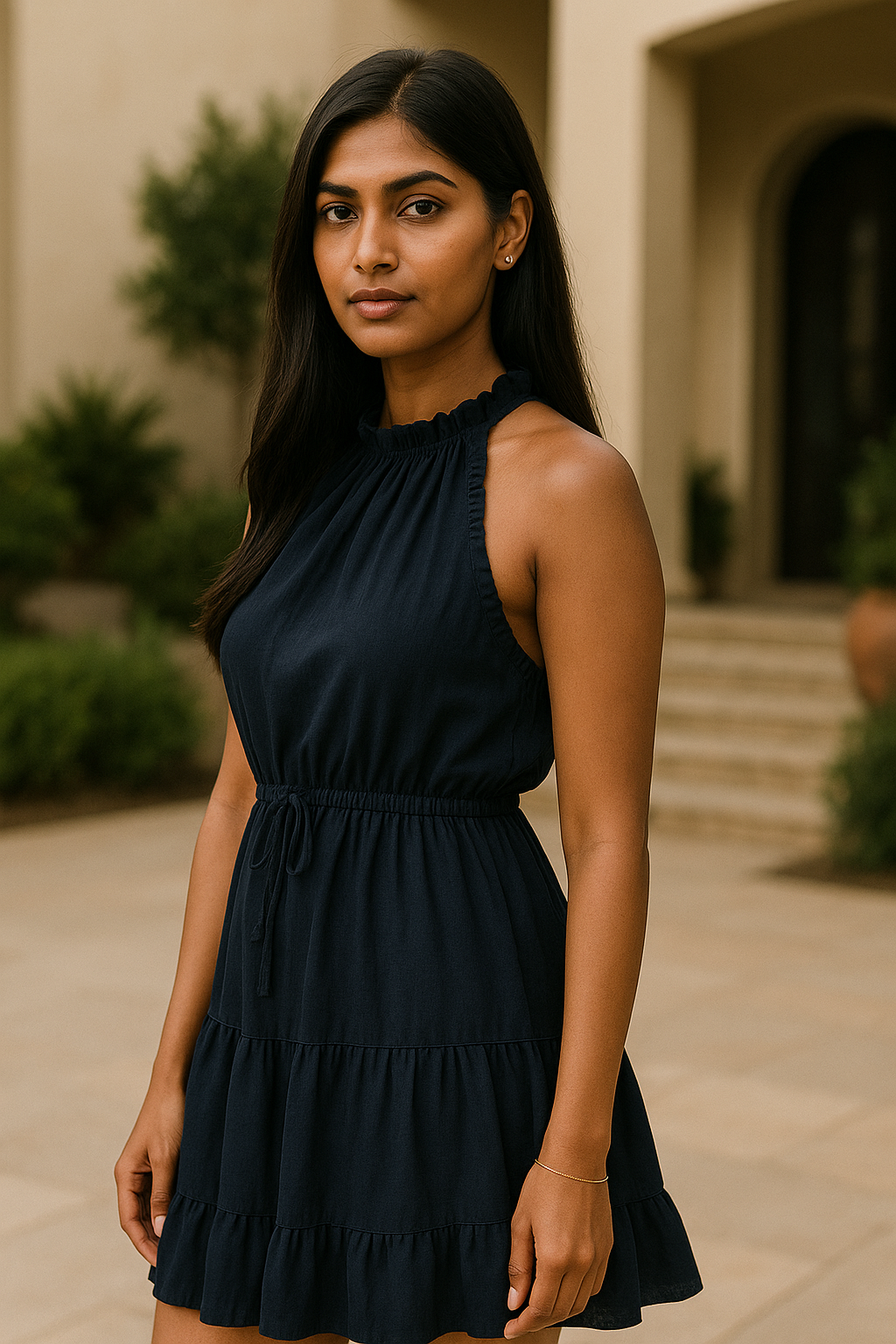 Navy Ruffle Halter Dress