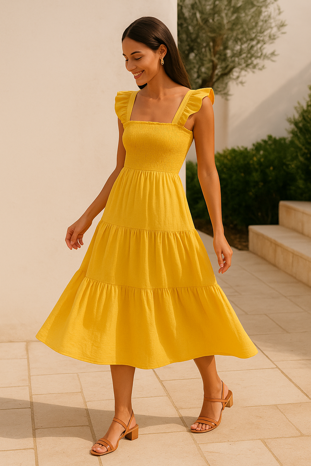 Ruffled Poplin Smocked Midi Dress