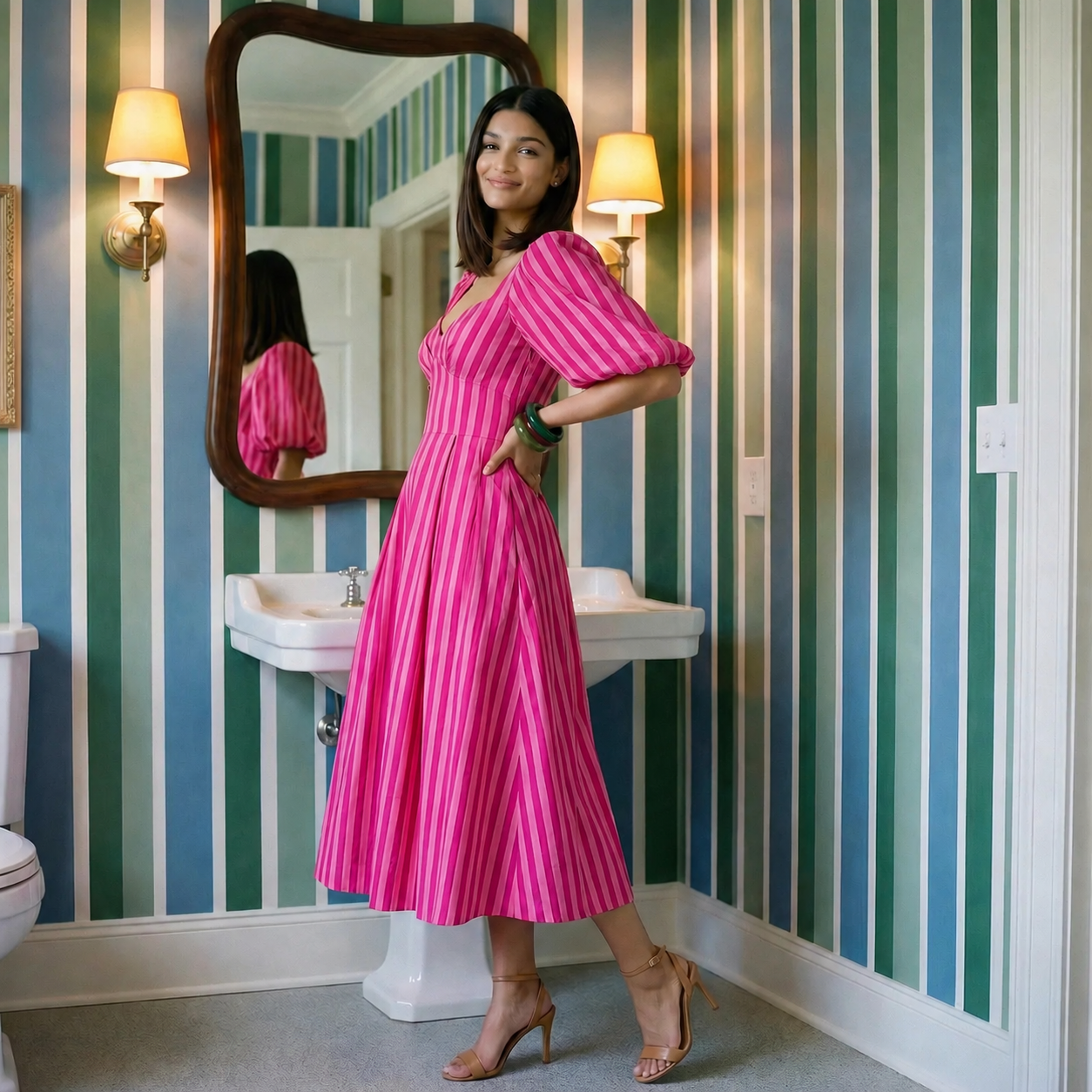 Pink Palazzo Stripe Dress with Sleeves