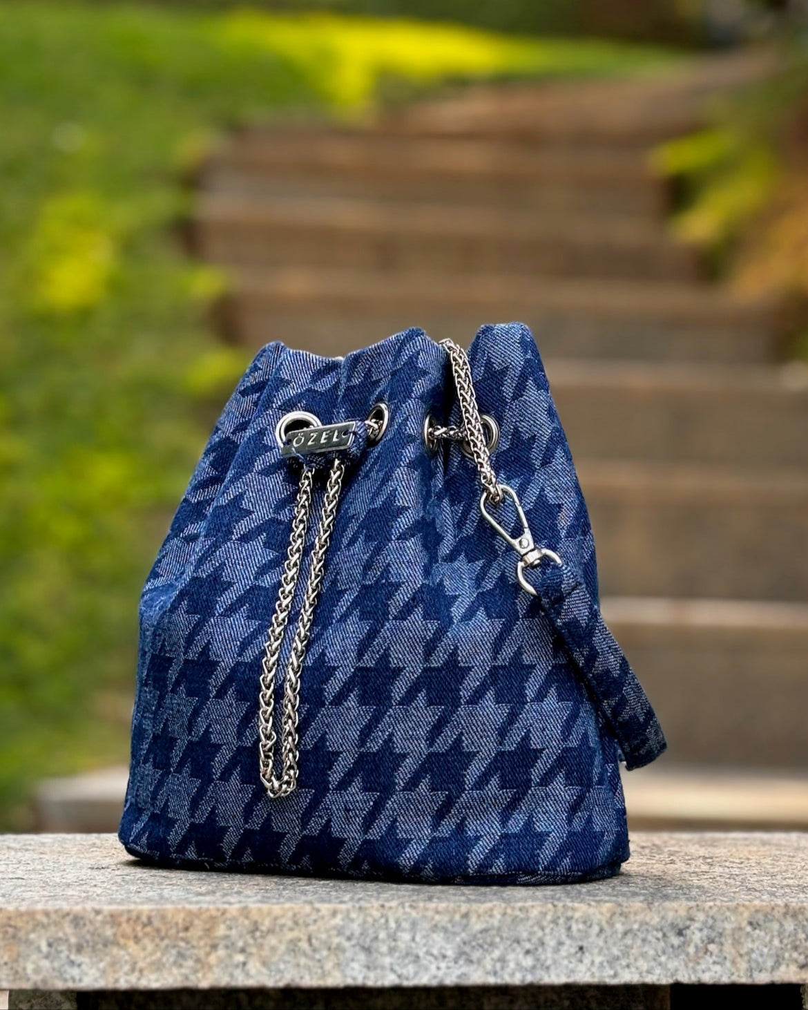 Houndstooth Denim Bucket Bag