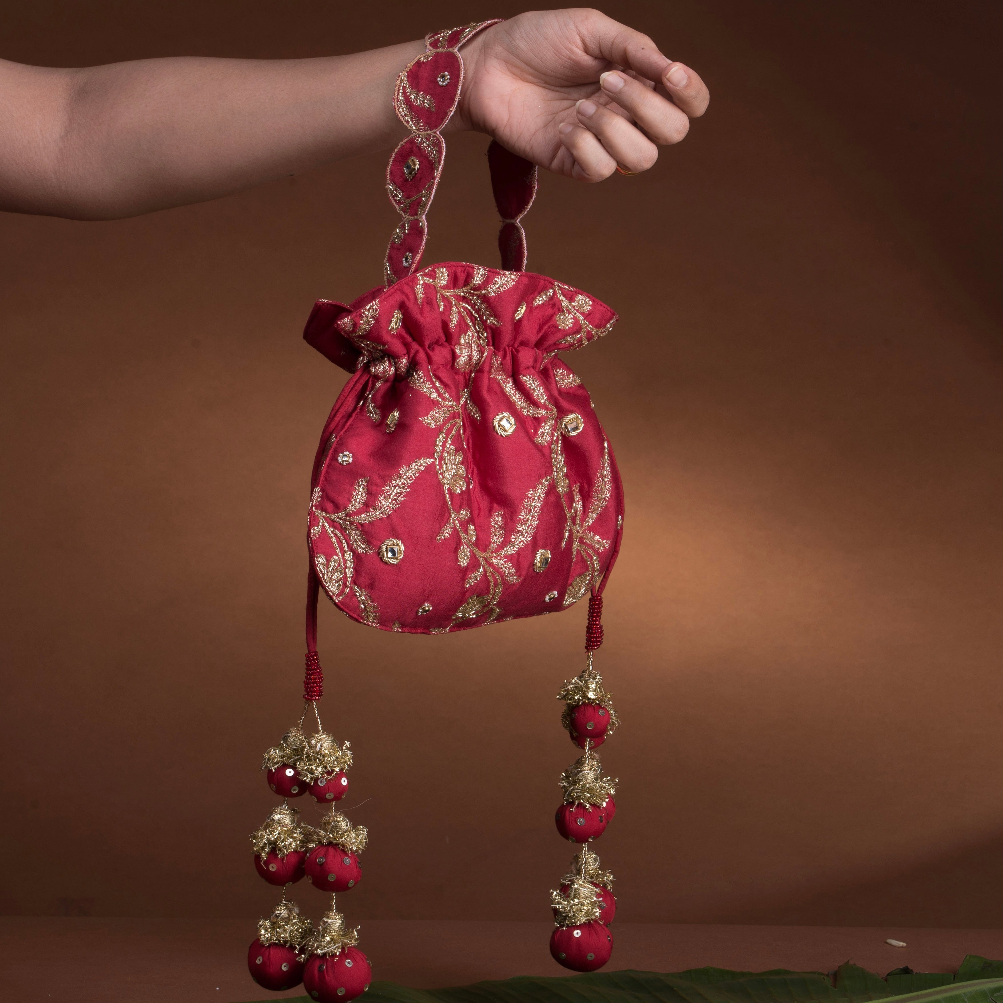 Red U Shape Potli Bag - Chanderi