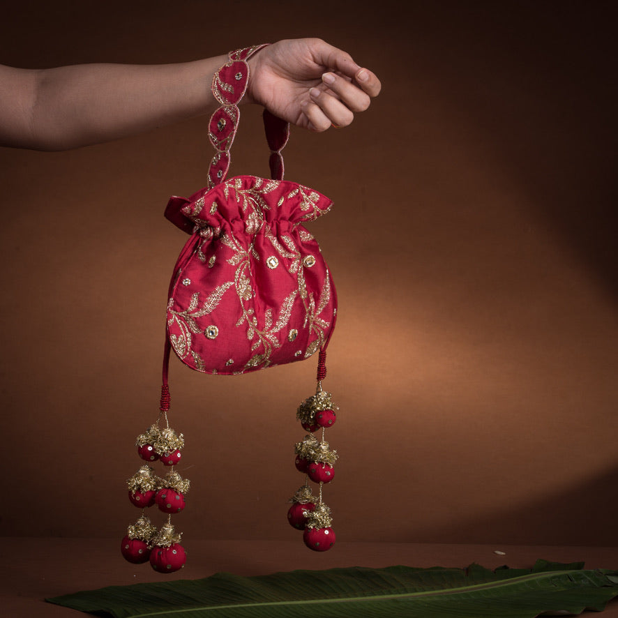 Red U Shape Potli Bag - Chanderi